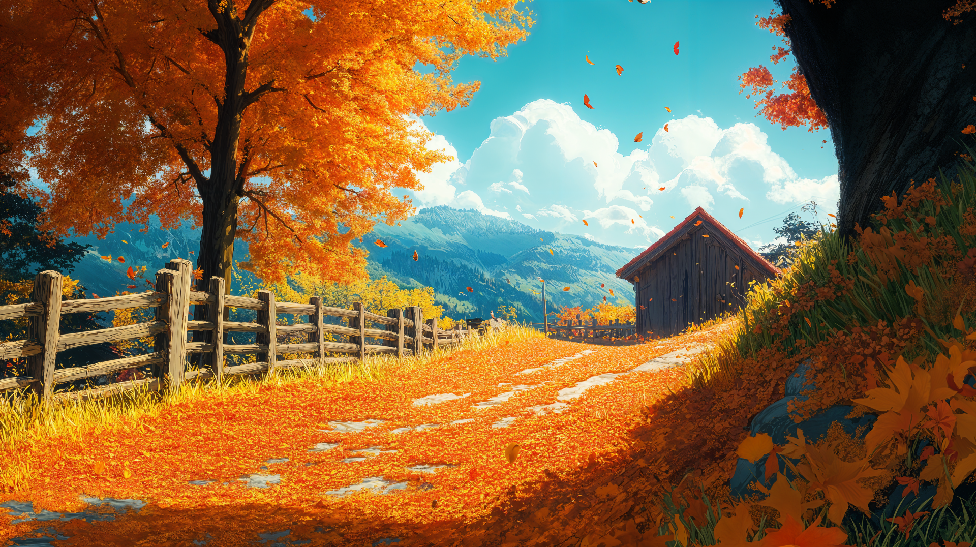 A vibrant autumn landscape featuring brilliant orange leaves, a winding path, and a rustic cabin with mountains in the background. Captured in stunning 4K Ultra HD for desktop wallpaper.
