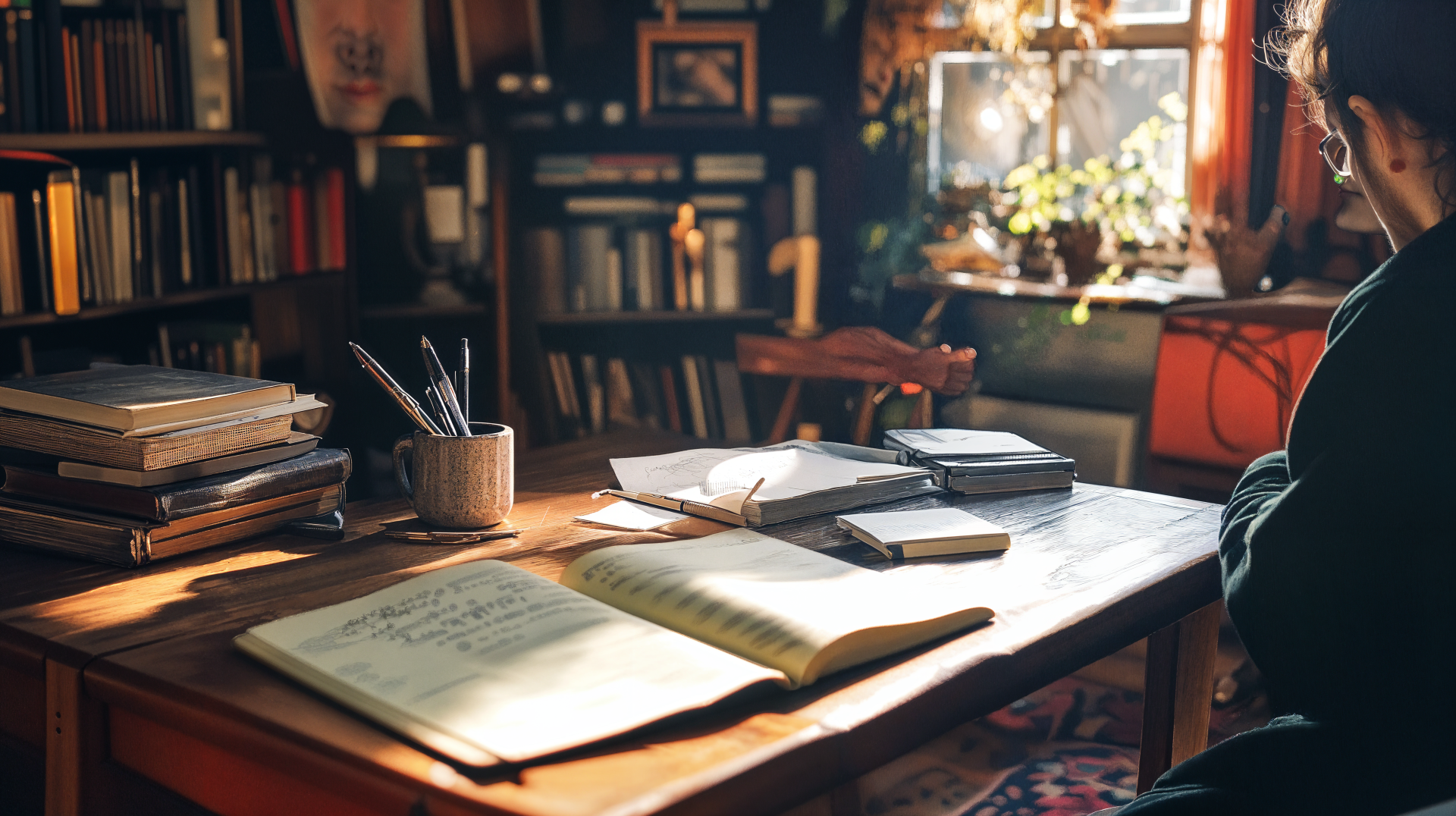 A cozy workspace featuring a wooden table filled with journals, pens, and books, bathed in warm sunlight, creating an inviting atmosphere for journaling. 4K Ultra HD desktop wallpaper.