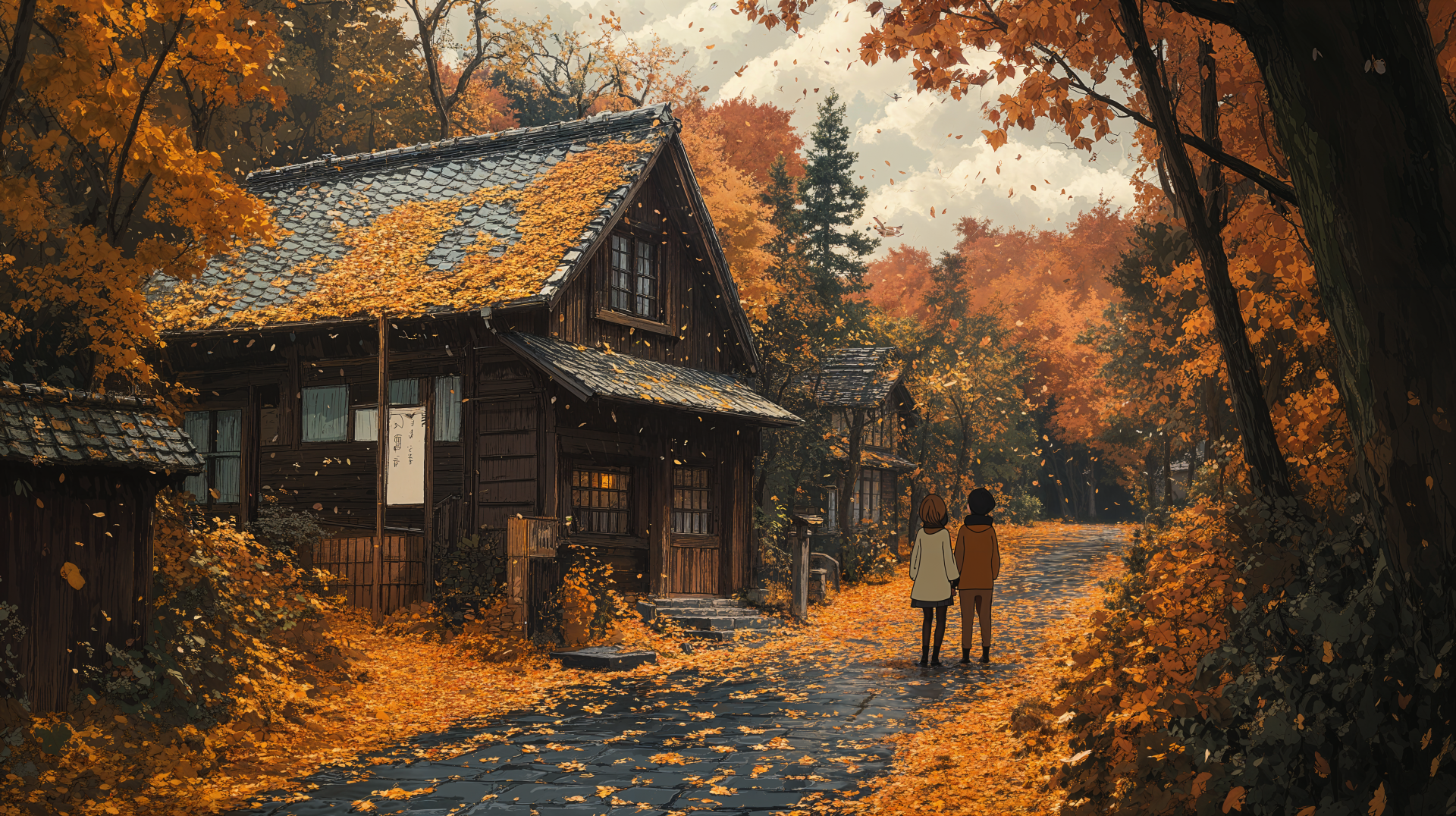A serene autumn scene featuring vibrant leaves covering a quaint pathway and traditional wooden houses, creating a cozy atmosphere in this 4K Ultra HD desktop wallpaper.