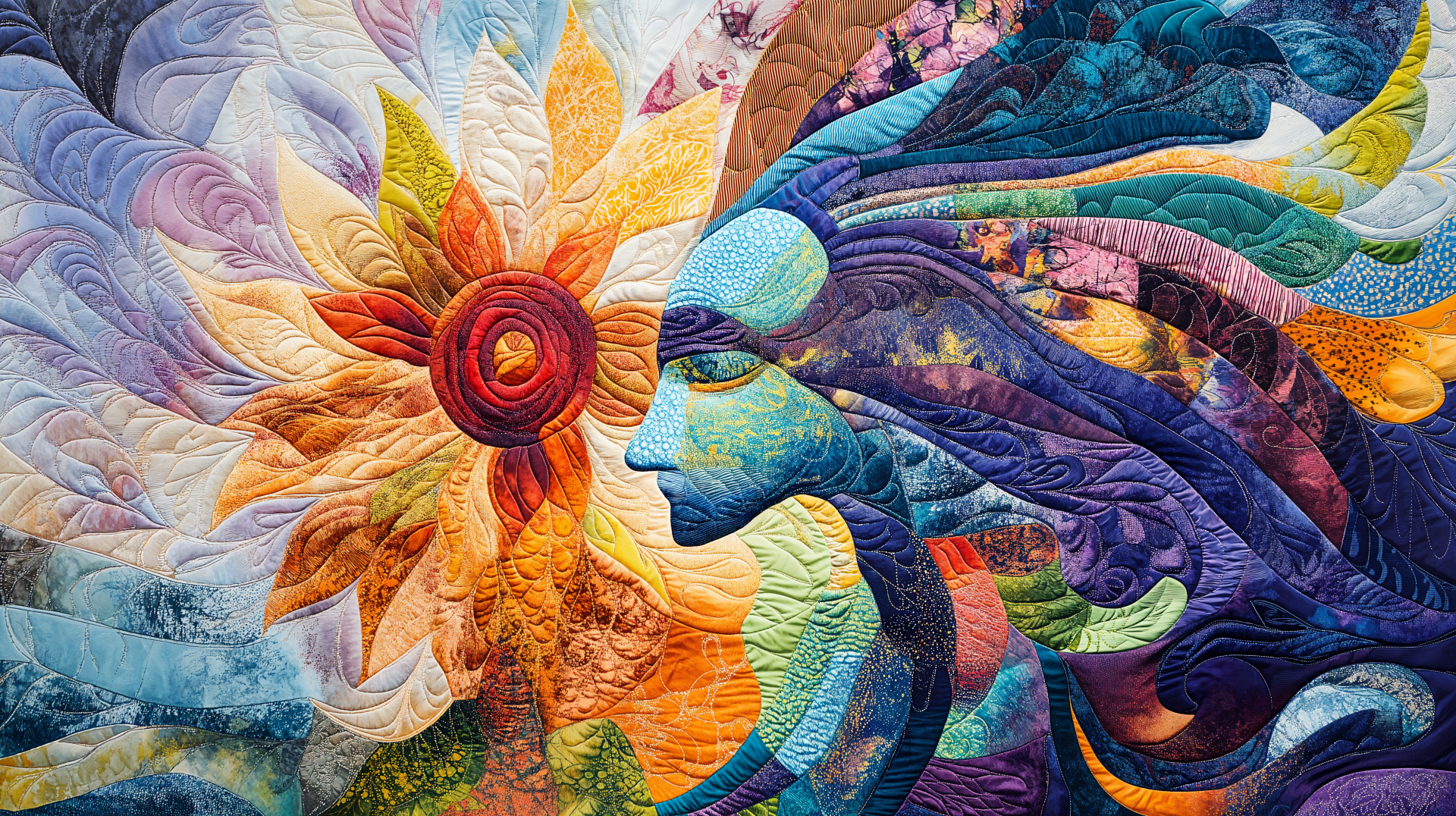 A vibrant quilt features an abstract profile of a woman with flowing hair, surrounded by a radiant sunflower. This artistic piece makes a stunning 4K Ultra HD desktop wallpaper.