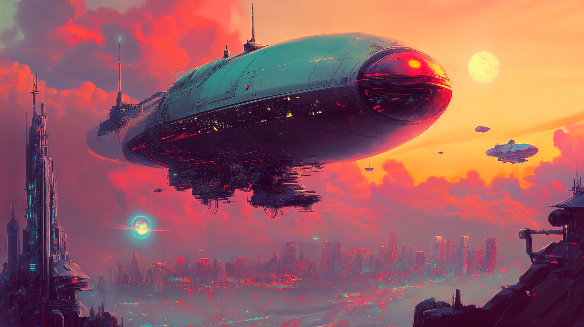 A retro-futuristic scene featuring a large airship soaring through a vibrant sunset sky, set against a futuristic cityscape. This 4K Ultra HD wallpaper captures a sci-fi aesthetic.