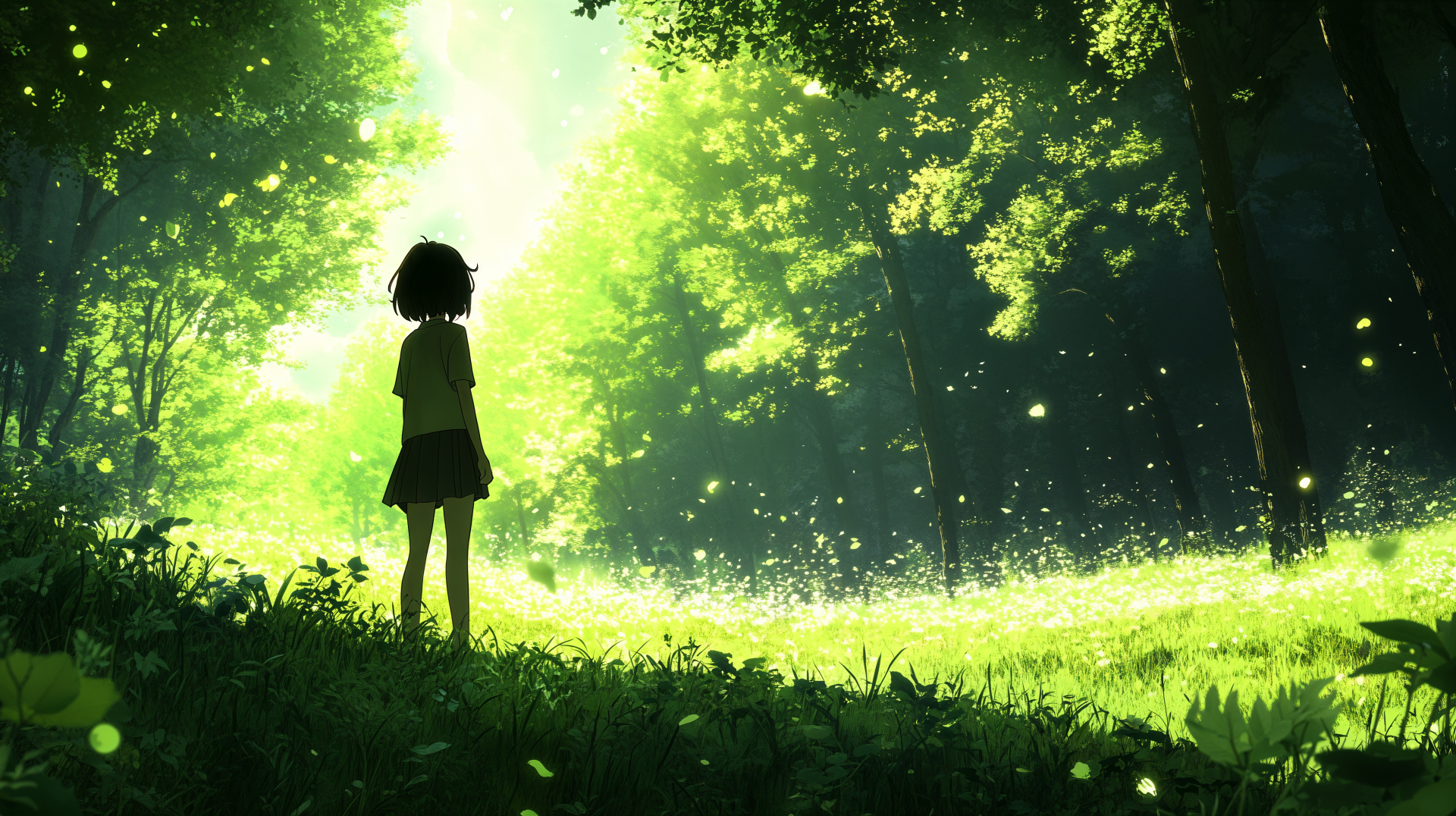 A serene green anime scene featuring a silhouetted figure standing in a lush forest, illuminated by gentle sunlight and flickering particles, designed as a 4K Ultra HD PC desktop wallpaper.