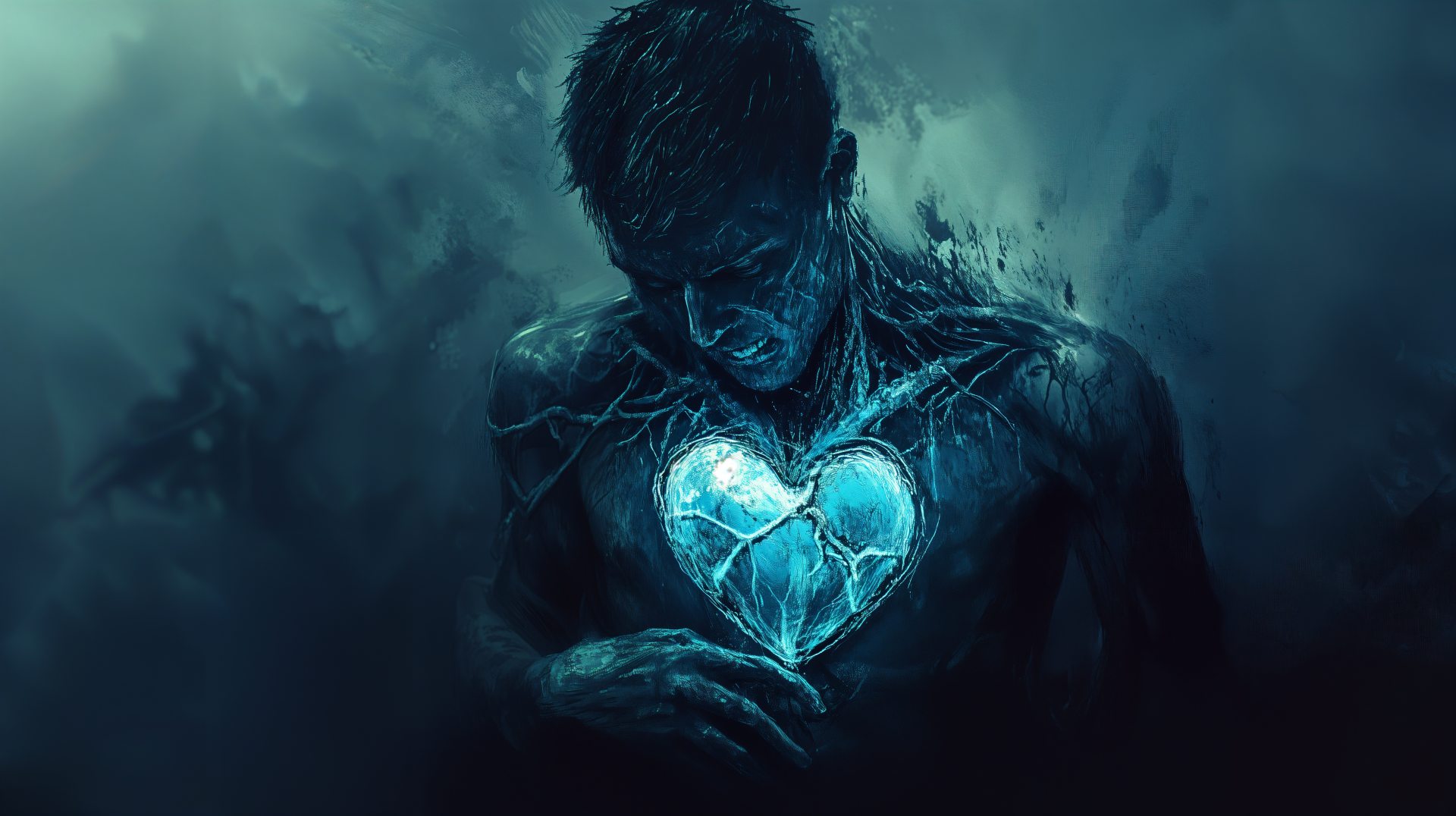 A moody 4K Ultra HD wallpaper featuring a man with a glowing blue heart, surrounded by dark, ethereal elements, evoking themes of emotion and introspection.