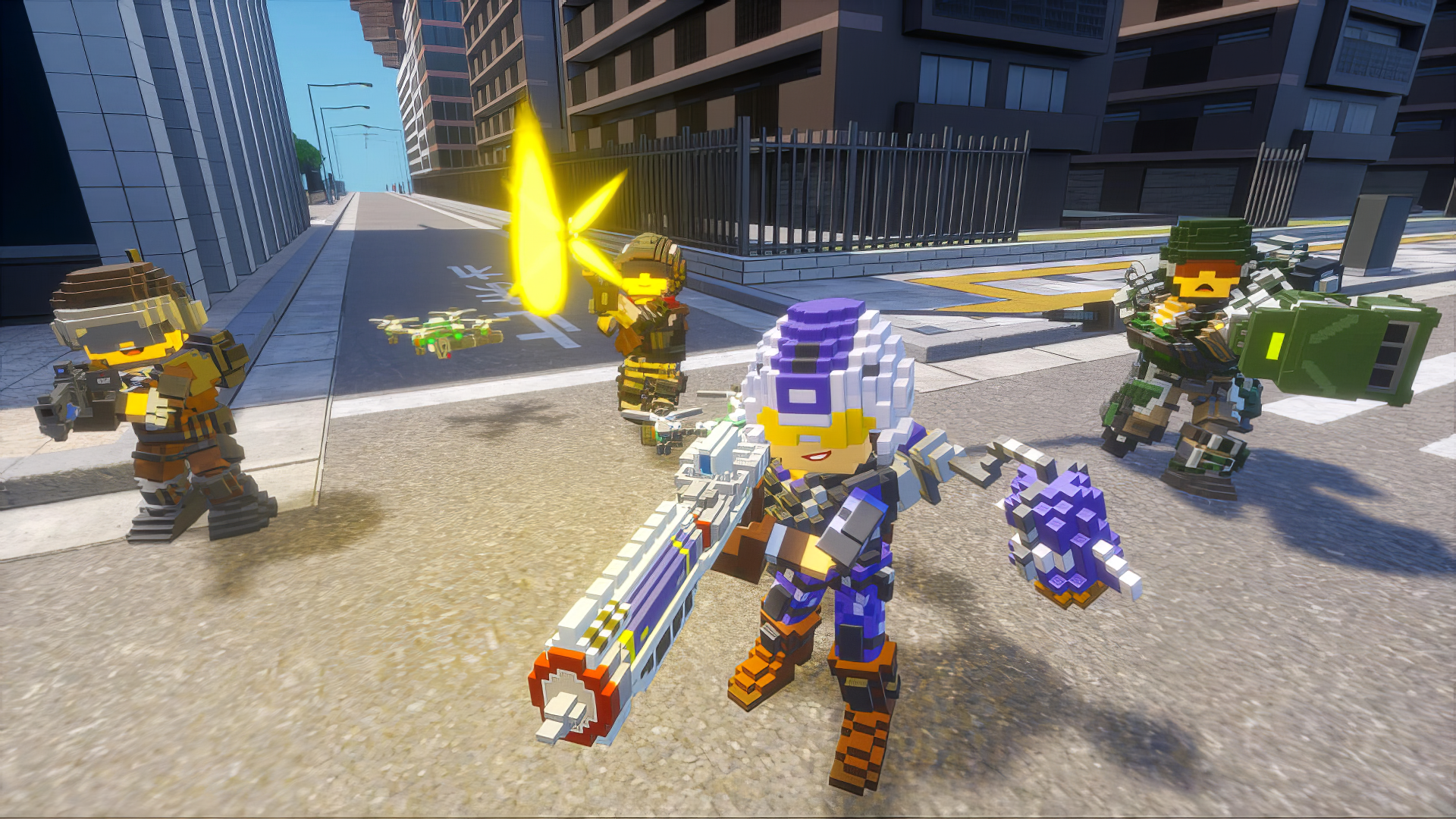 A vibrant scene from Earth Defense Force: World Brothers 2, featuring blocky characters in an urban setting, wielding various weapons amidst a dynamic battle atmosphere.