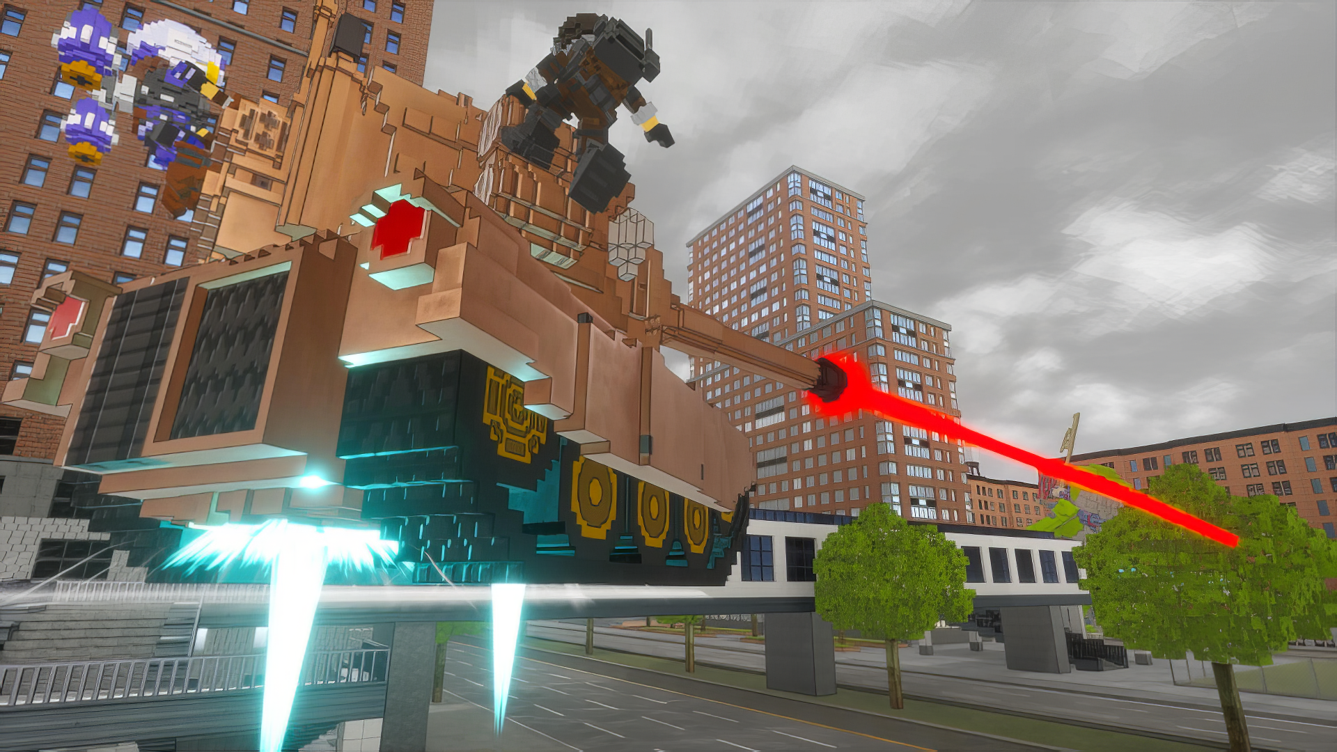 A dynamic HD wallpaper from the video game Earth Defense Force: World Brothers 2, featuring a mechanical figure atop a futuristic tank amidst an urban landscape.