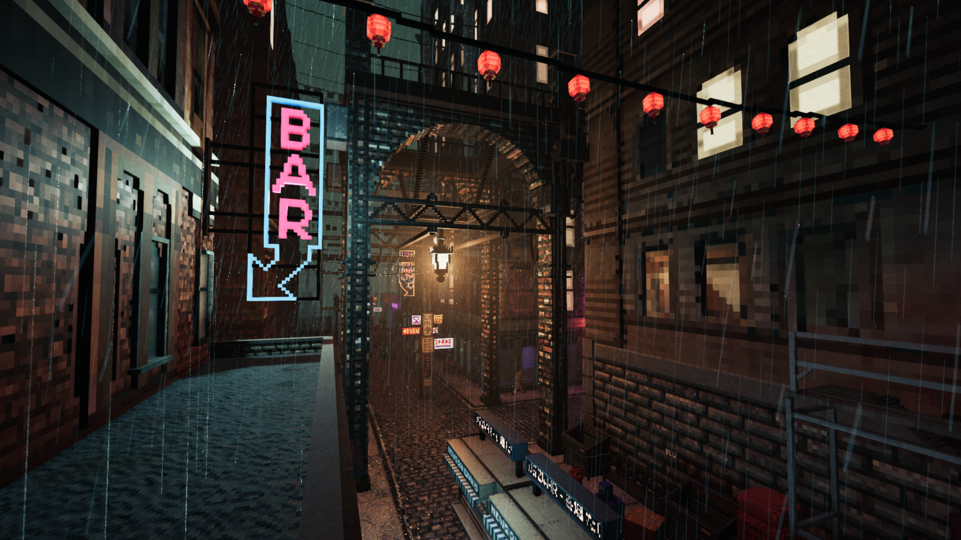 A moody, atmospheric scene from the video game **Shadows of Doubt**, featuring a rain-soaked alleyway lit by neon signs and lanterns, showcased in stunning 4K Ultra HD.