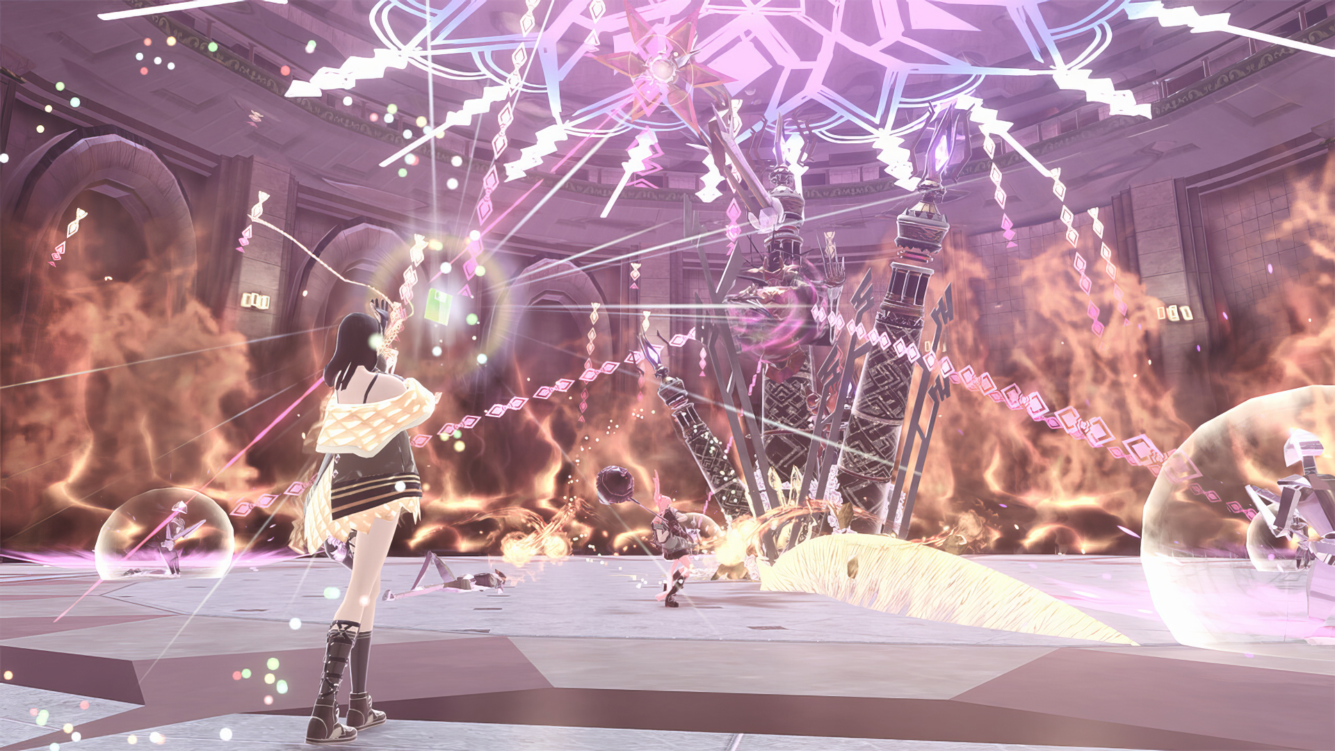 A stunning HD wallpaper showcasing a dramatic scene from the video game Reynatis, featuring a character amidst vibrant explosions and mystical visuals.