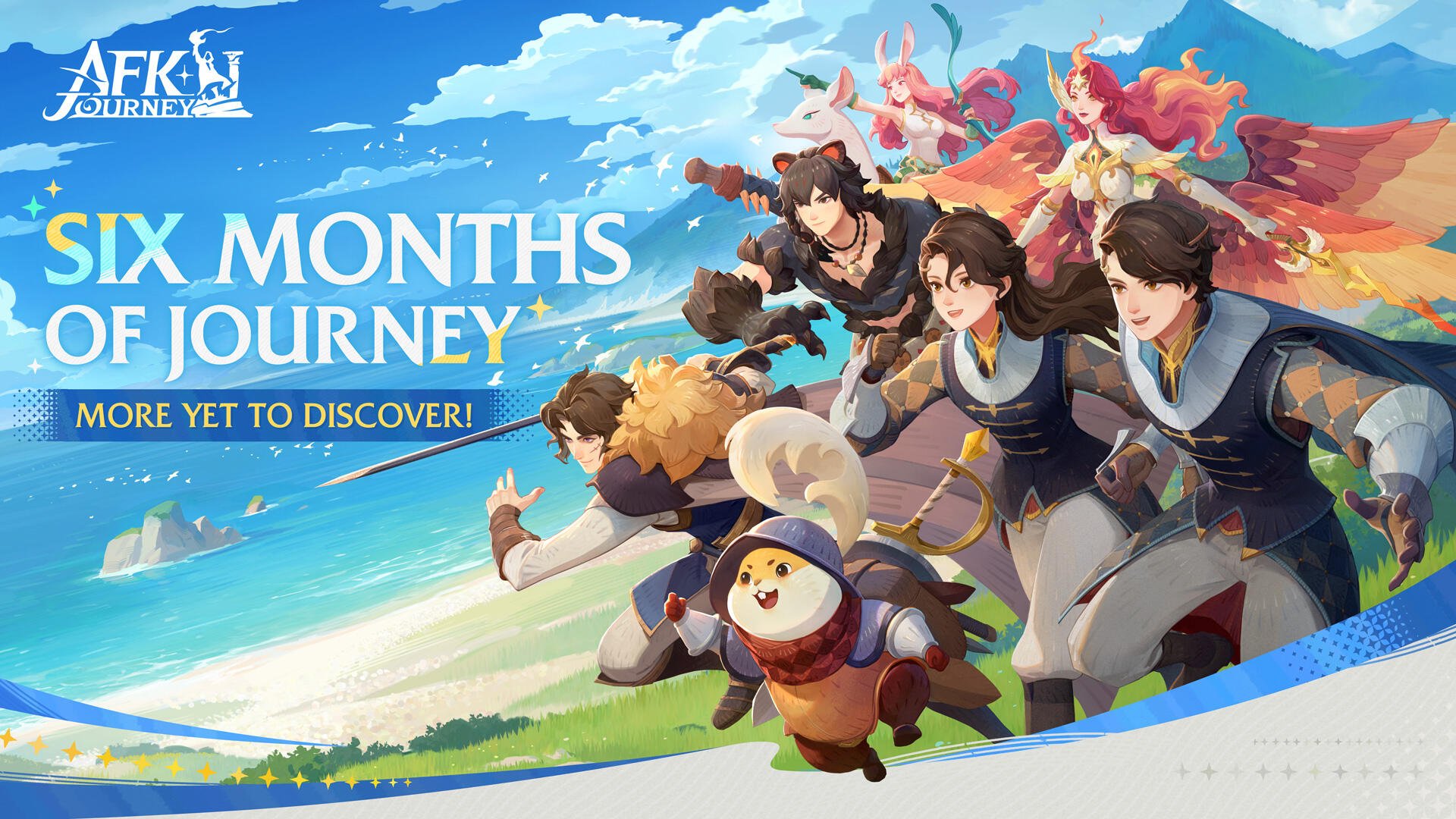 A vibrant HD wallpaper from AFK Journey features dynamic characters exploring a colorful landscape, celebrating six months of adventure and discovery.