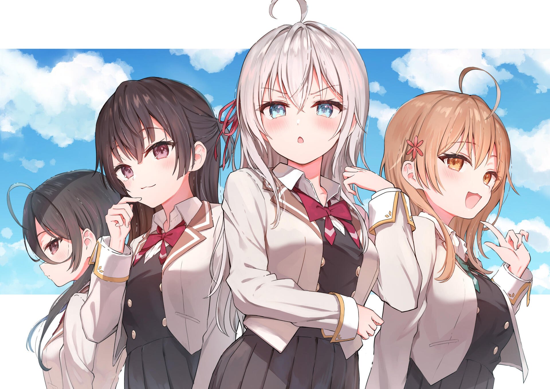HD anime wallpaper featuring four female characters from Alya Sometimes Hides Her Feelings against a bright blue sky background, styled as a PC desktop background.
