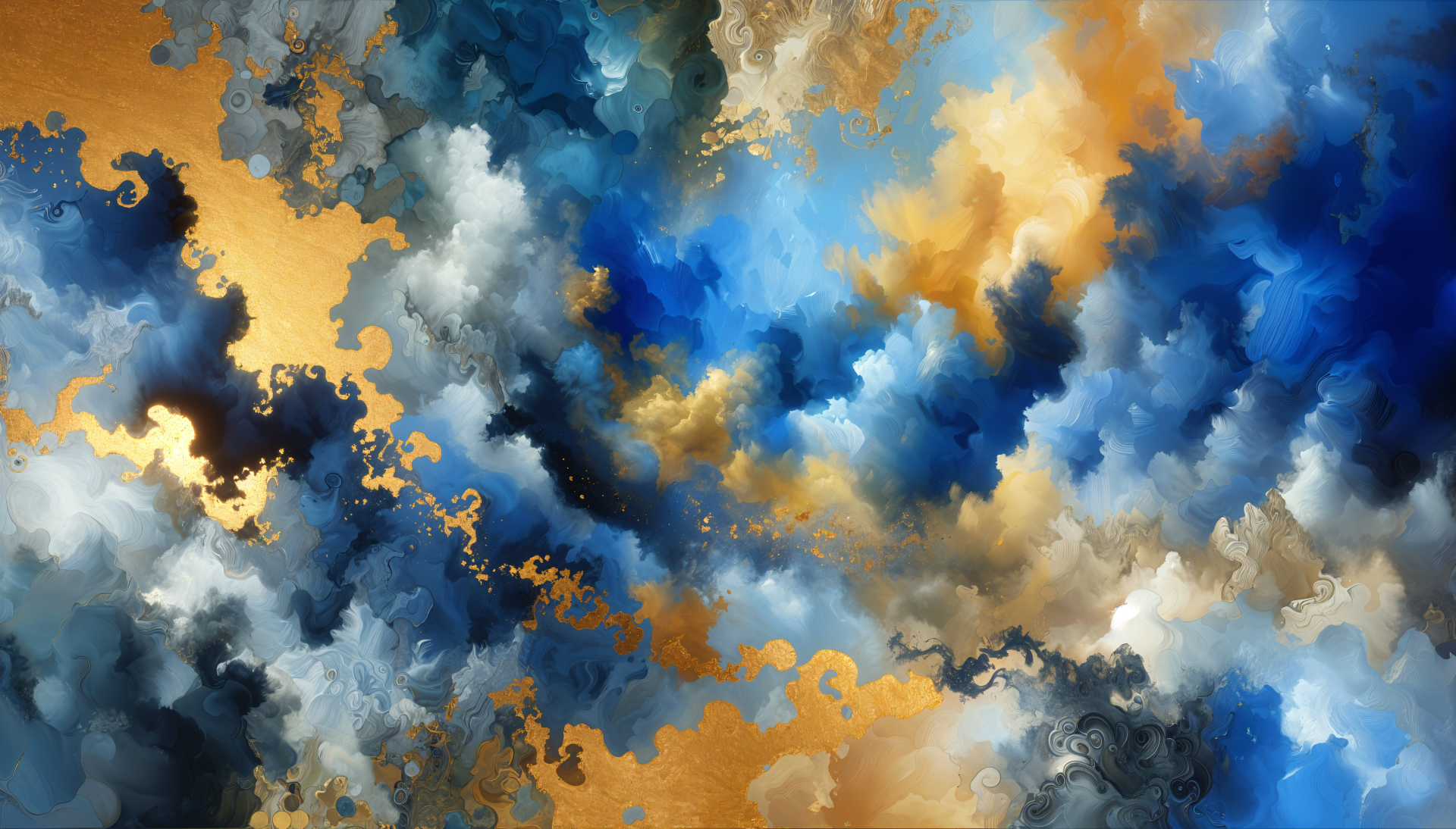 An abstract blue composition featuring swirling patterns of deep blue, soft gold, and hints of white, creating a dynamic backdrop for a 4K Ultra HD PC desktop wallpaper.