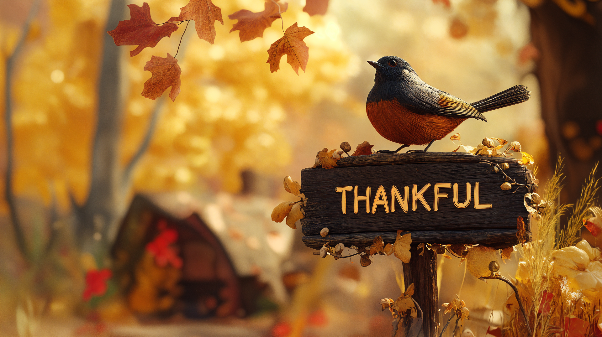 A serene autumn scene featuring a bird perched on a sign that reads THANKFUL, surrounded by vibrant fall leaves and a cozy cabin in the background. 4K Ultra HD wallpaper.