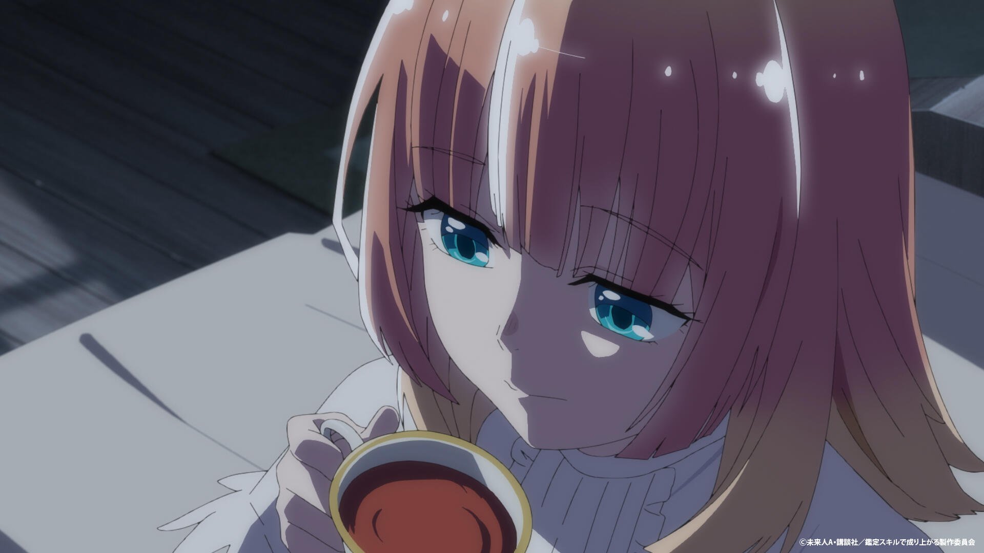 A character from As a Reincarnated Aristocrat I’ll Use My Appraisal Skill to Rise in the World gazes thoughtfully while holding a cup, set against a serene background. HD anime wallpaper.