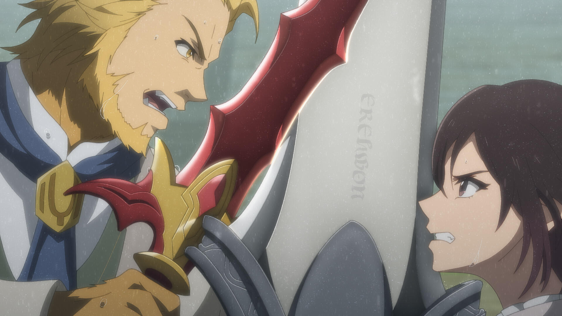 An intense confrontation between two characters, featuring a warrior with a large sword and a determined figure. This HD anime wallpaper showcases the theme of Bye Bye Earth.