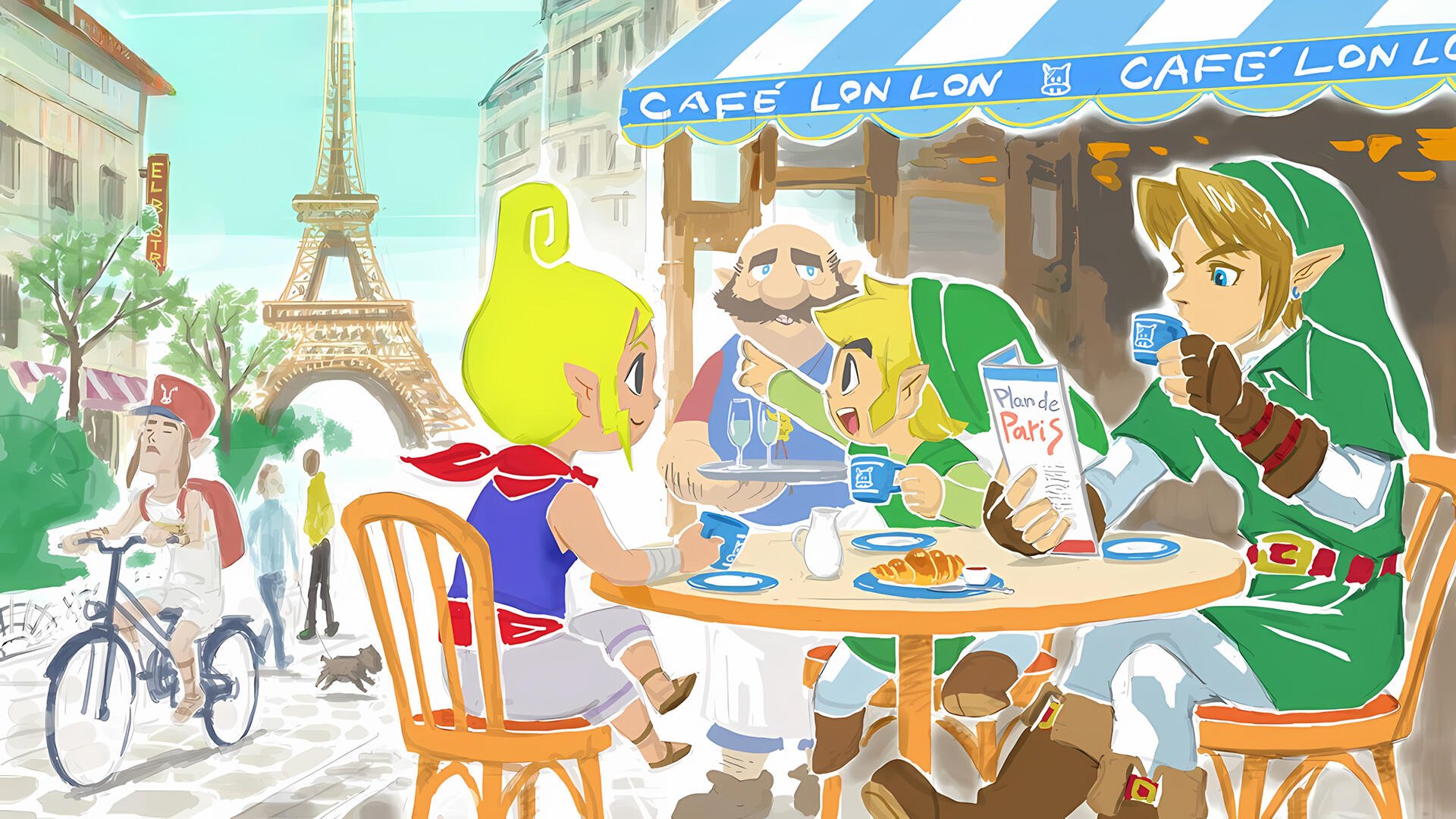 HD PC desktop wallpaper featuring Link from The Legend of Zelda enjoying a café scene in Paris with the Eiffel Tower in the background.