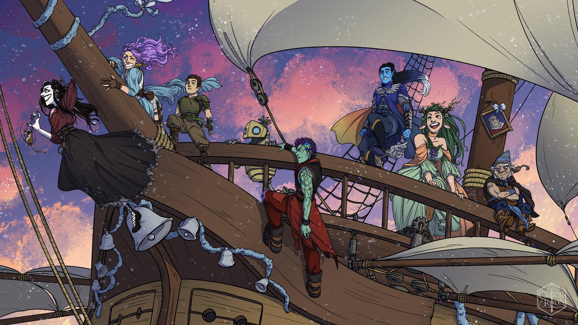 A vibrant 4K Ultra HD wallpaper featuring characters from The Legend of Vox Machina aboard a ship, set against a stunning sunset sky filled with clouds and colors.