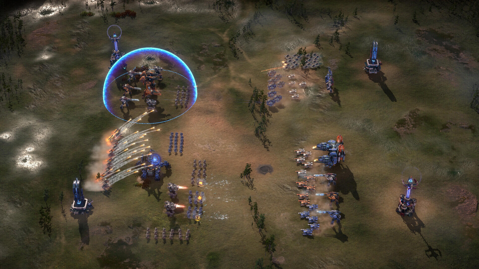 A strategic battle scene from the video game Mechabellum, showcasing intricate units and formations on a detailed battlefield, designed as an HD PC desktop wallpaper.