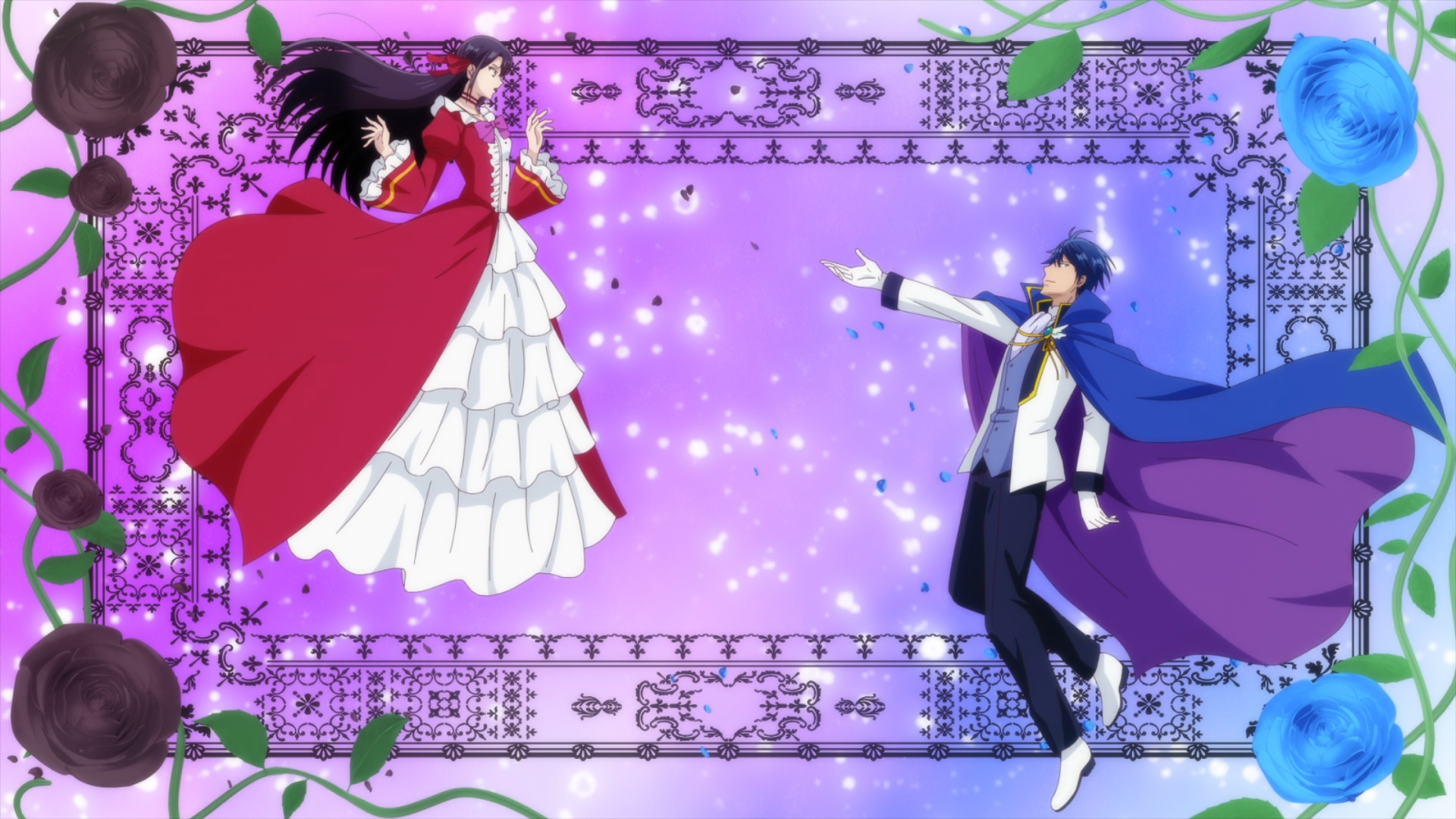 HD anime desktop wallpaper featuring Alicia Williams and Duke Seeker from I’ll Become a Villainess Who Goes Down in History, set against a sparkling purple background with floral accents.