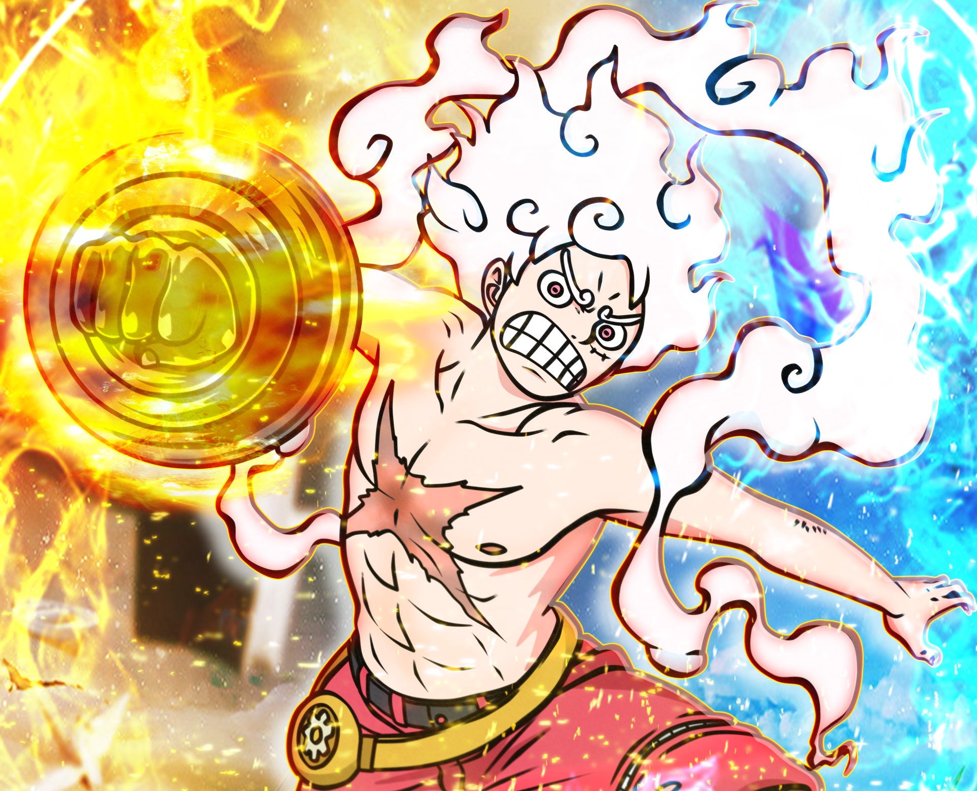 4K Ultra HD PC wallpaper of One Piece anime, Monkey D. Luffy in Gear 5: grinning with elastic limbs and torn chest amid blazing gold and icy blue energy.