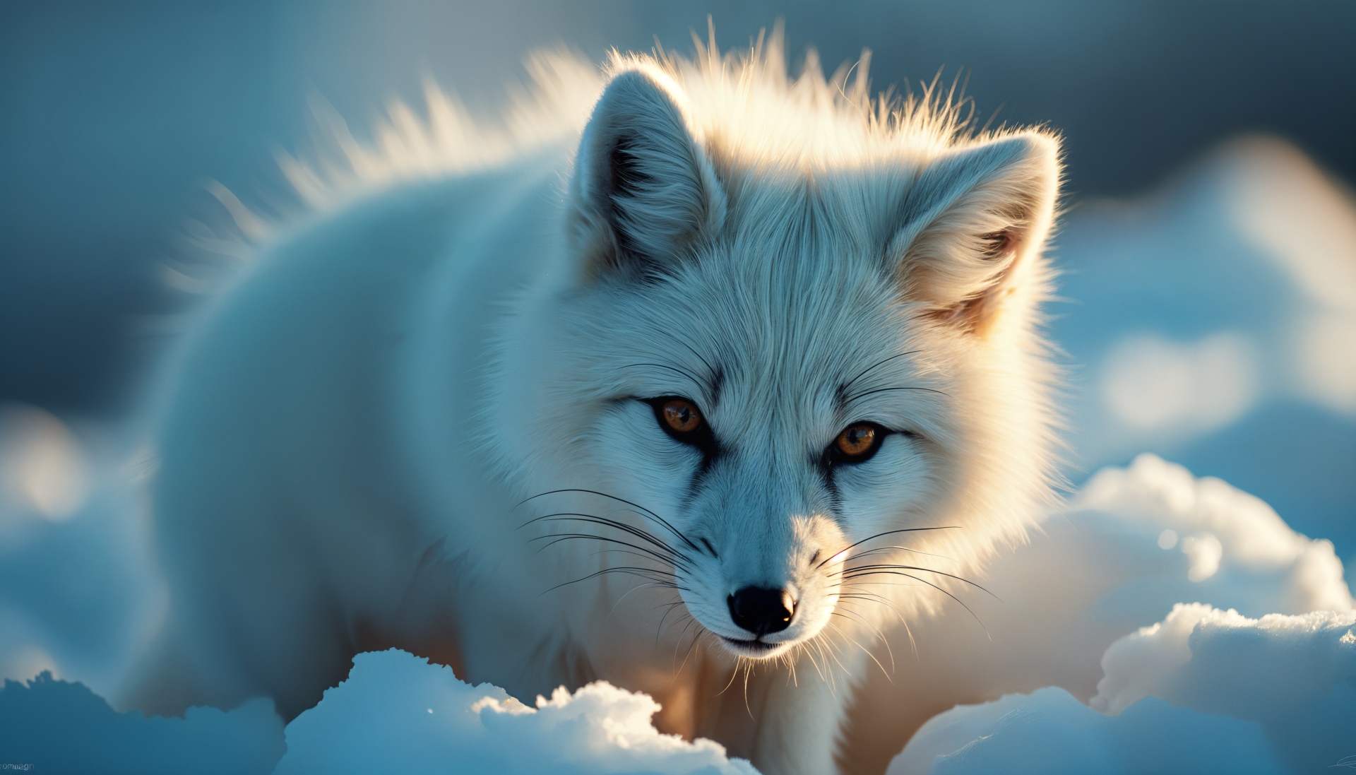 A beautiful arctic fox stands out against a snowy background, showcasing its bright white fur and striking golden eyes in this stunning 4K Ultra HD PC desktop wallpaper.