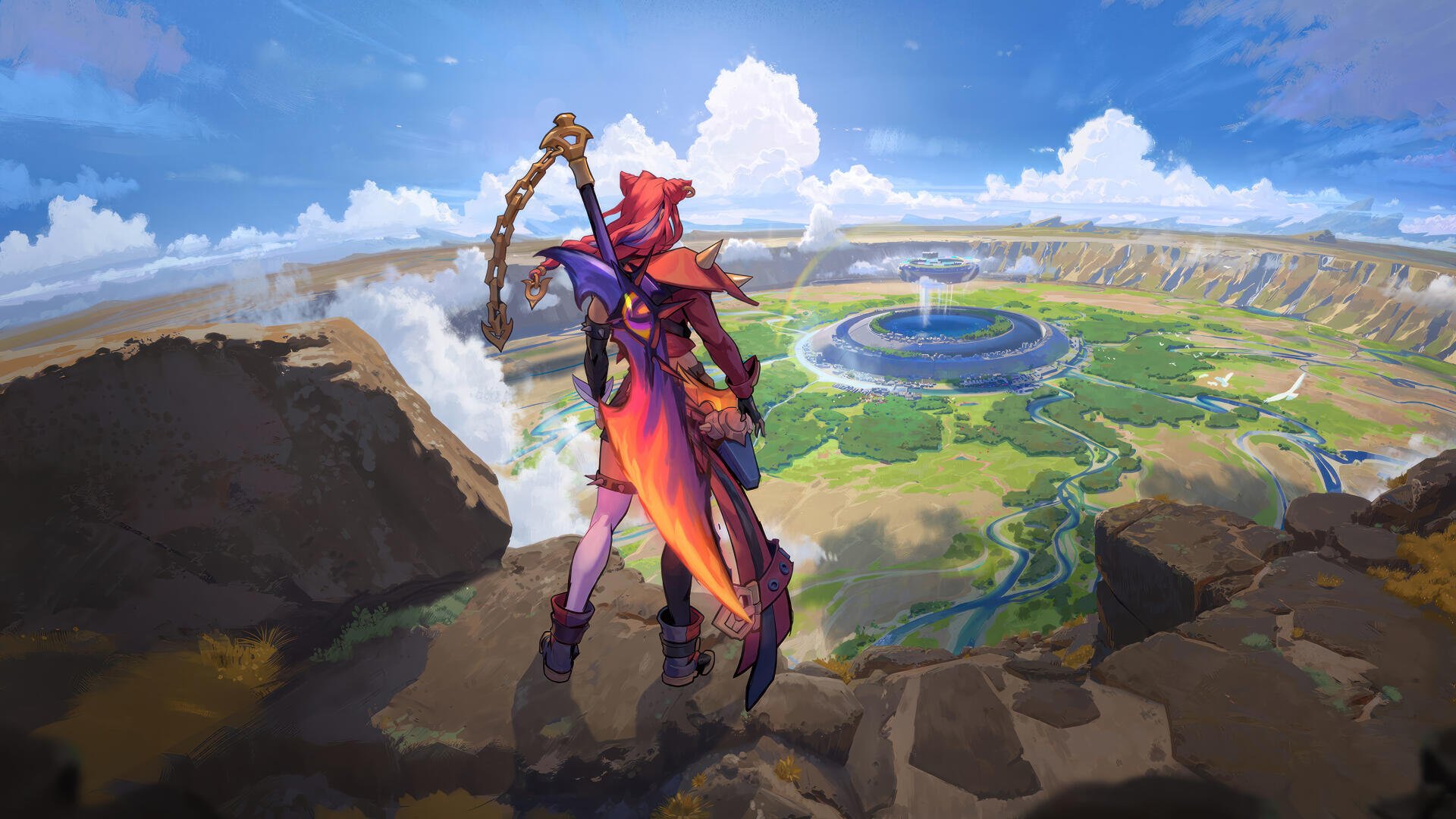 A stunning 4K Ultra HD wallpaper featuring Samira from League of Legends, standing triumphantly on a cliff, overlooking a vibrant landscape and a mystical arena under a bright blue sky.