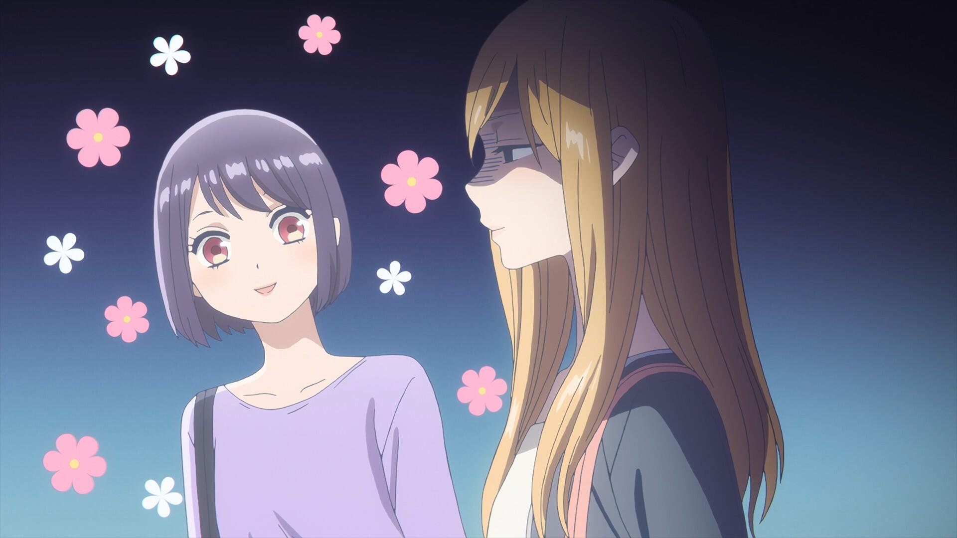 Anime characters from My Love Story With Yamada-kun at Lv999 stand against a colorful background adorned with flowers, creating an inviting HD desktop wallpaper.