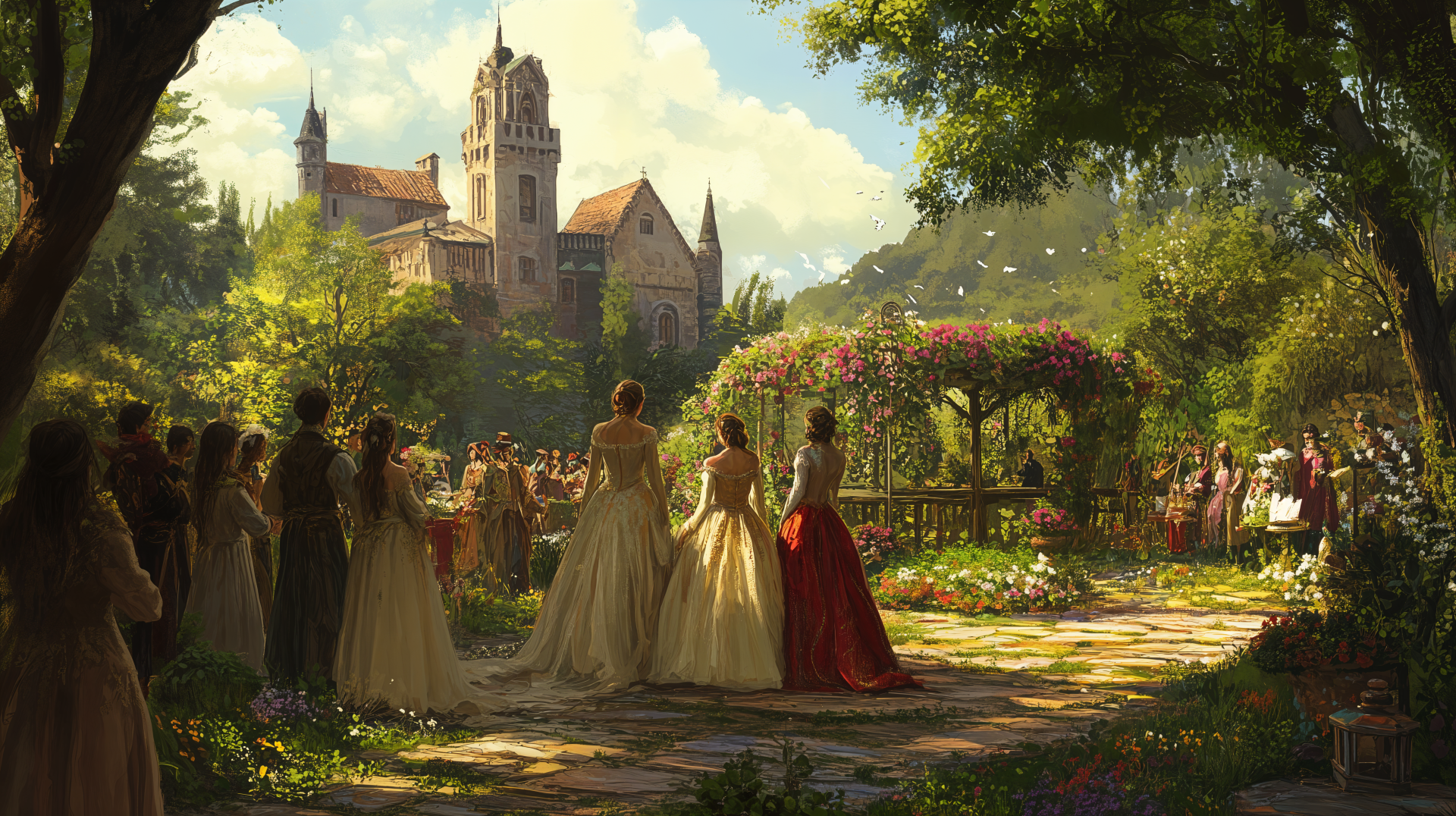 A picturesque garden party scene featuring elegantly dressed figures in a lush setting, with a grand castle in the background, captured in stunning 4K Ultra HD quality.