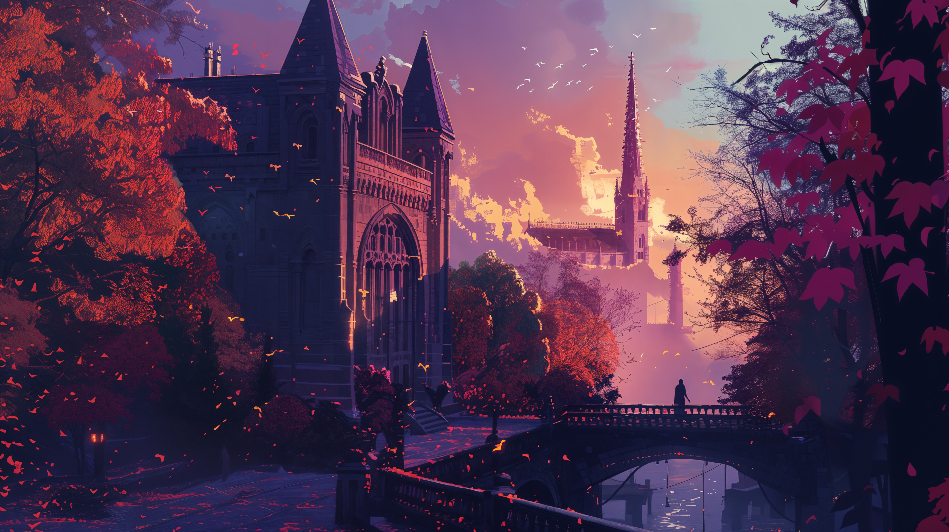 A chill lofi 4K Ultra HD cityscape featuring detailed castle architecture at sunset, with warm purple and pink hues creating a serene, atmospheric background.