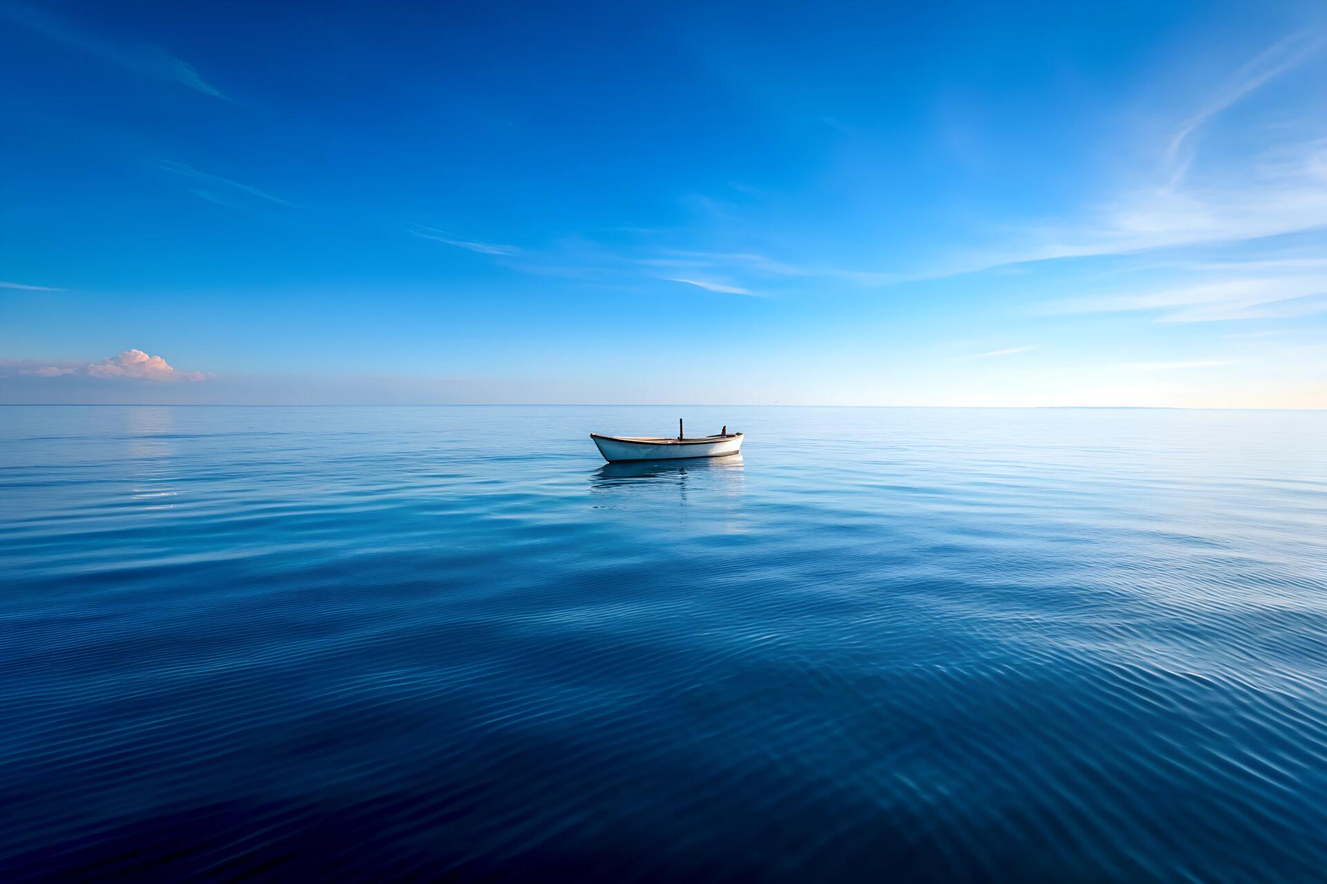 A serene 4K Ultra HD landscape of calm sea water with a lone boat floating, under a clear blue sky, capturing the peaceful beauty of nature and the open sea.