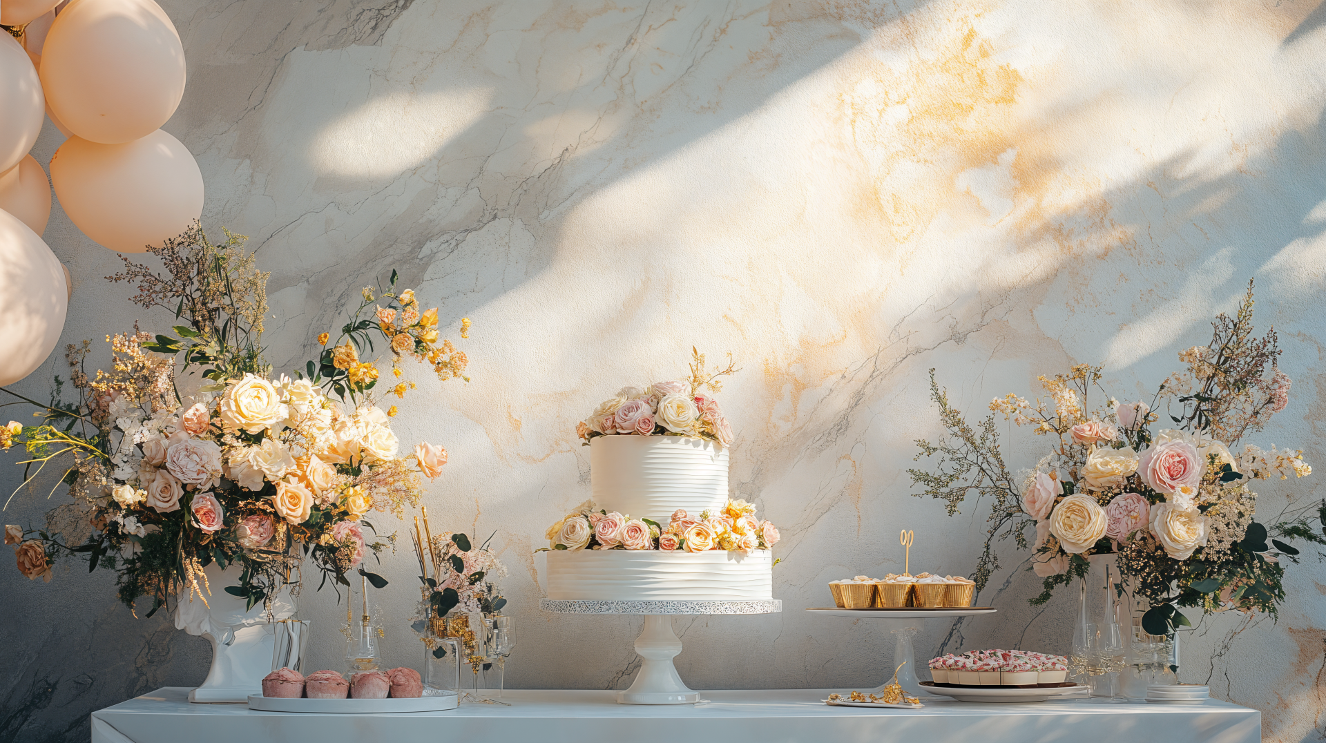 A beautifully decorated wedding cake surrounded by elegant floral arrangements and treats, set against a light, marbled background. 4K Ultra HD desktop wallpaper and background.