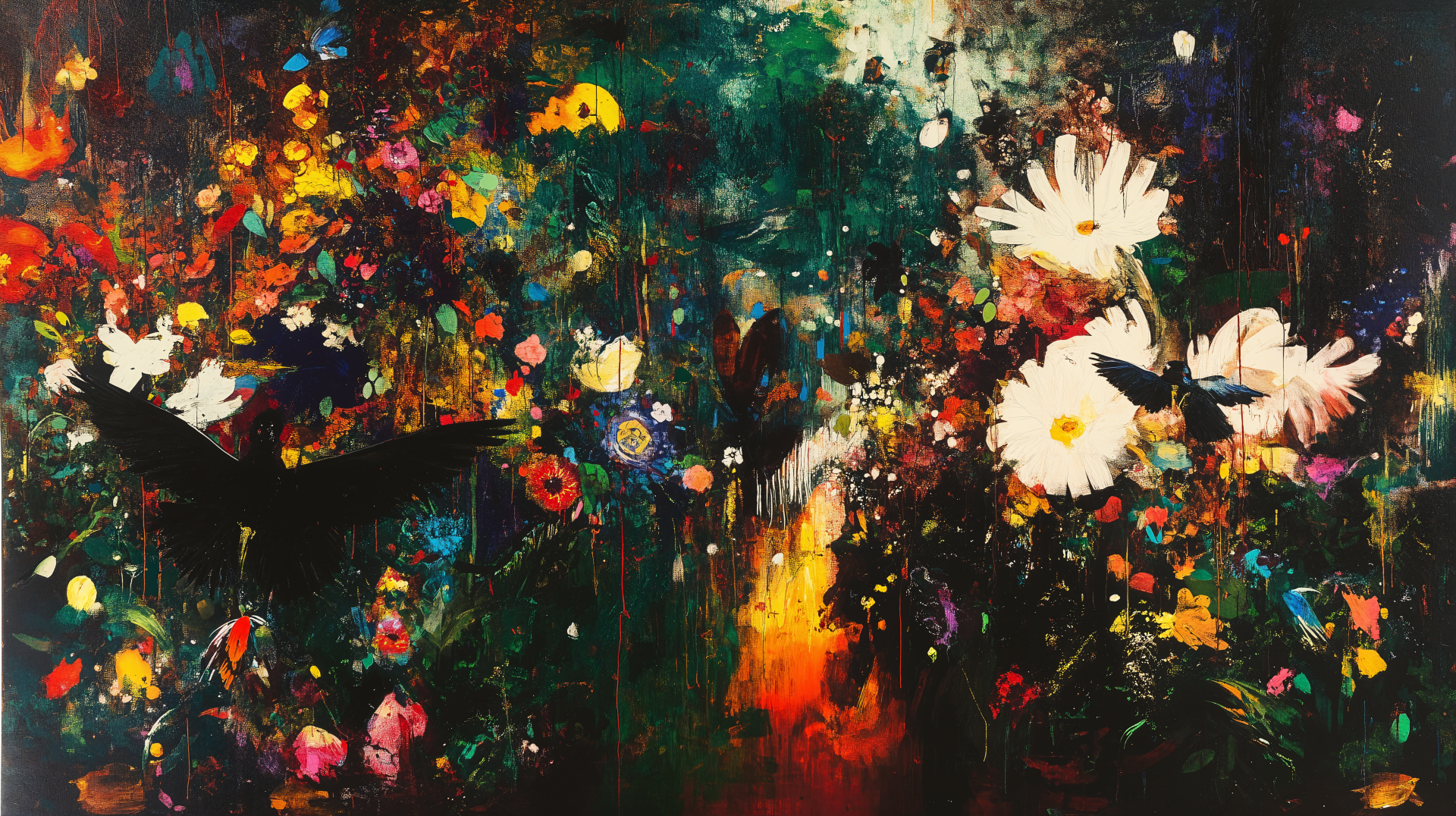 A vibrant, artistic digital wallpaper featuring an array of colorful flowers and butterflies against a lush, dark background, showcasing nature's beauty in rich detail.