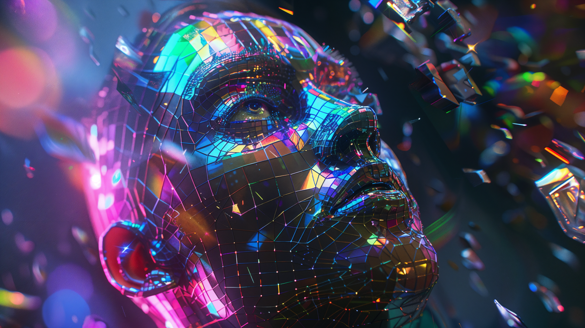 A vibrant, artistic rendering of a human face, showcasing a mosaic of colors and reflections, displayed as a 4K Ultra HD PC desktop wallpaper.