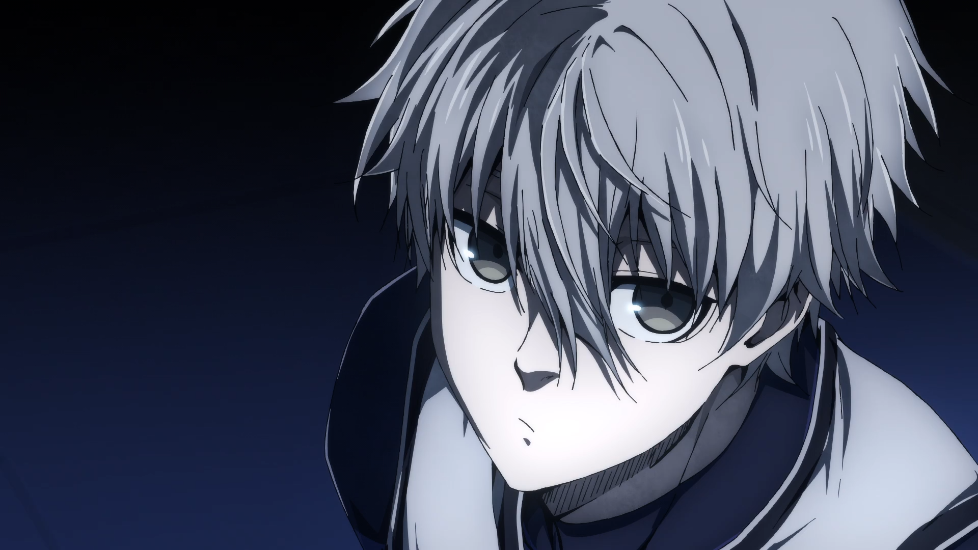 HD anime wallpaper featuring Seishiro Nagi from Blue Lock, depicted with detailed shading and a dark, moody background.