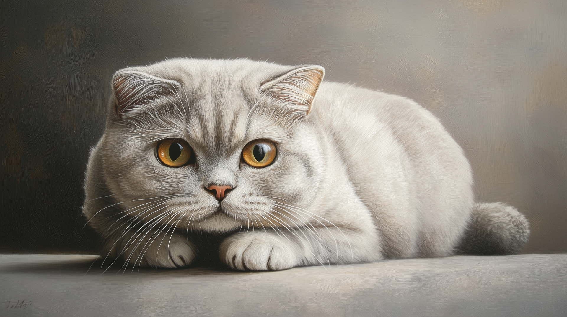 A serene Scottish Fold cat with soft gray fur and large amber eyes, lounging comfortably, makes for a captivating HD wallpaper and background.