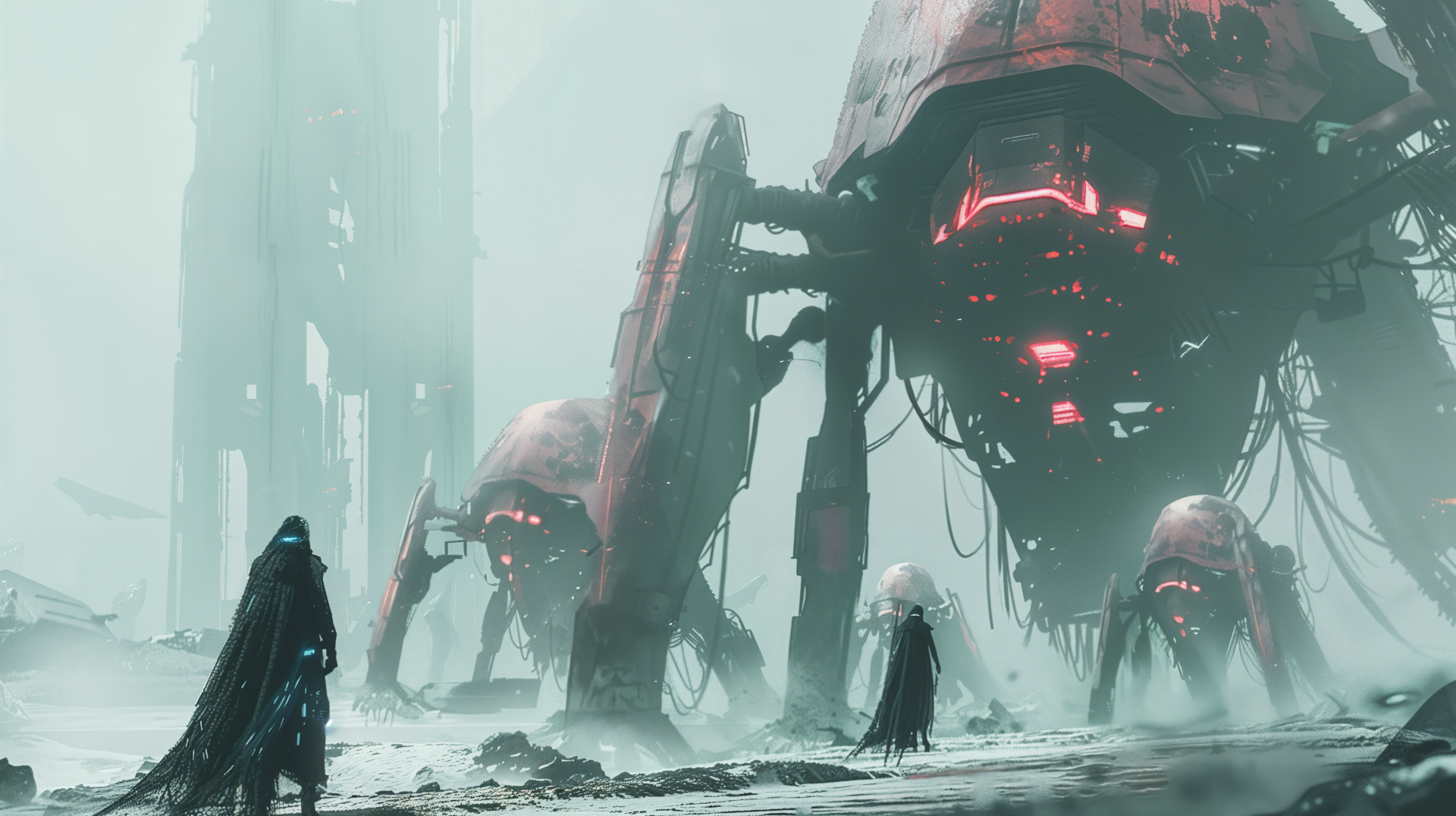A mysterious scene from a sci-fi space opera, featuring towering, robotic figures and cloaked figures in a foggy landscape. This 4K Ultra HD wallpaper captivates with its otherworldly ambiance.