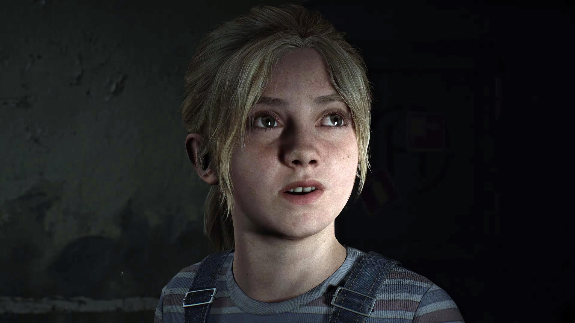 A close-up of a young girl with blonde hair, set against a dark background, inspired by the eerie atmosphere of Silent Hill 2. A captivating 4K Ultra HD wallpaper for fans.