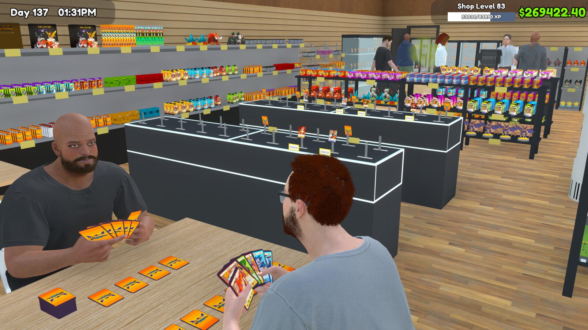 A vibrant scene from TCG Card Shop Simulator, featuring two characters at a card table, surrounded by colorful shelves filled with game supplies in a virtual shop setting.
