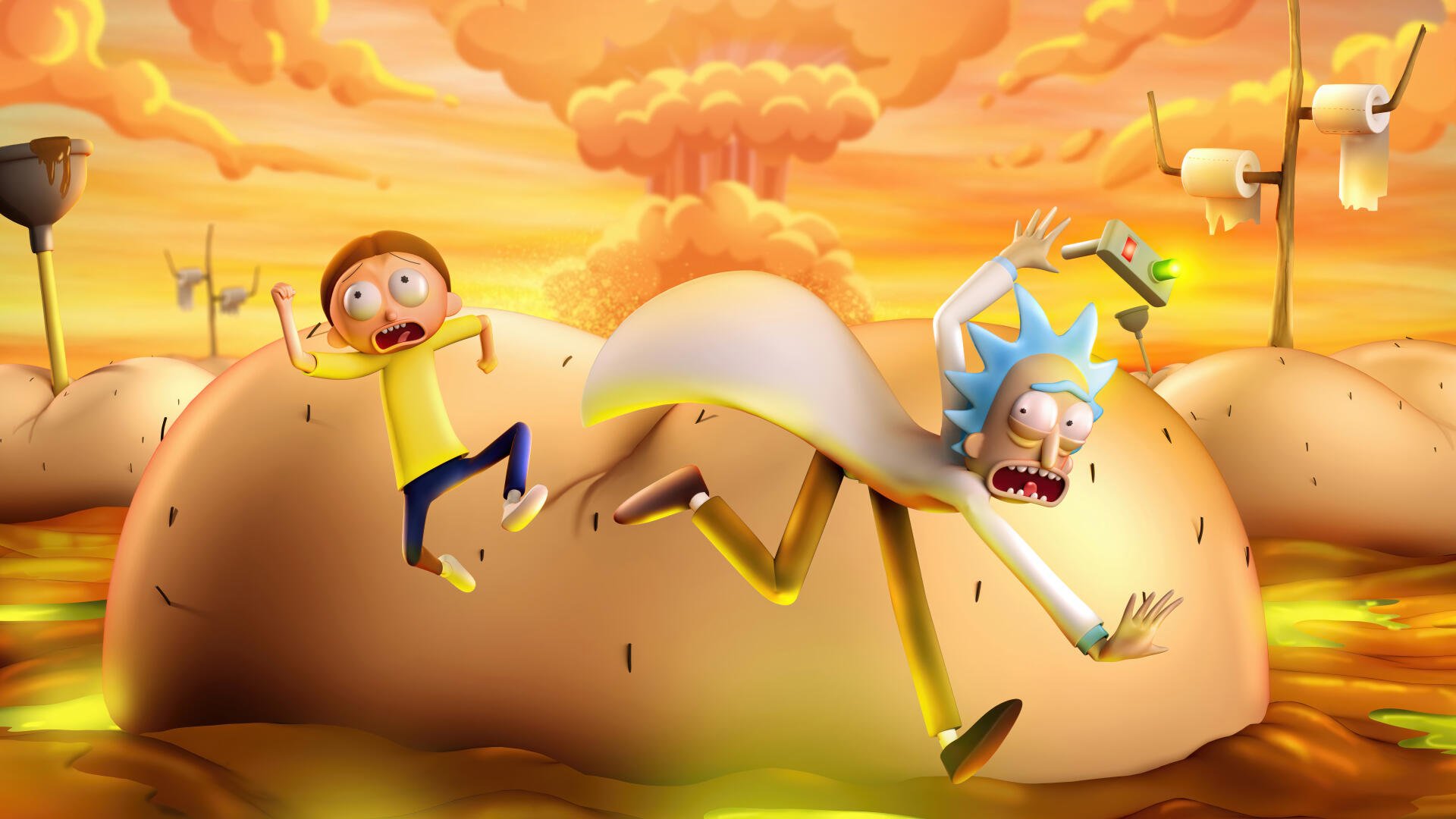 Morty Smith and Rick Sanchez dash fearfully across a surreal landscape in this vibrant 8K Ultra HD wallpaper inspired by the TV show Rick and Morty.