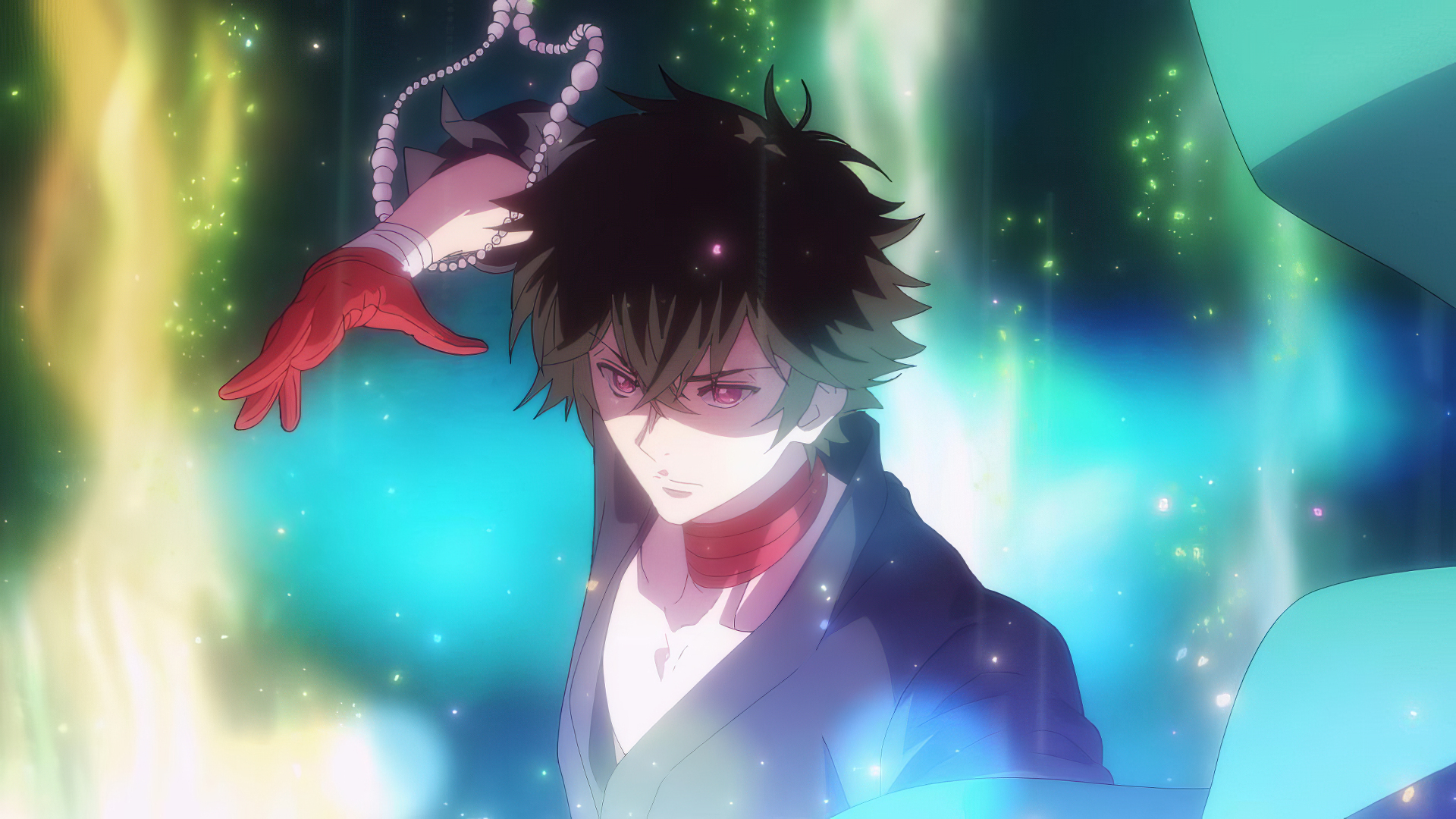 A character from the anime Haigakura, depicted with dynamic colors and energy effects, striking a powerful pose against a vibrant, magical background. HD PC wallpaper.