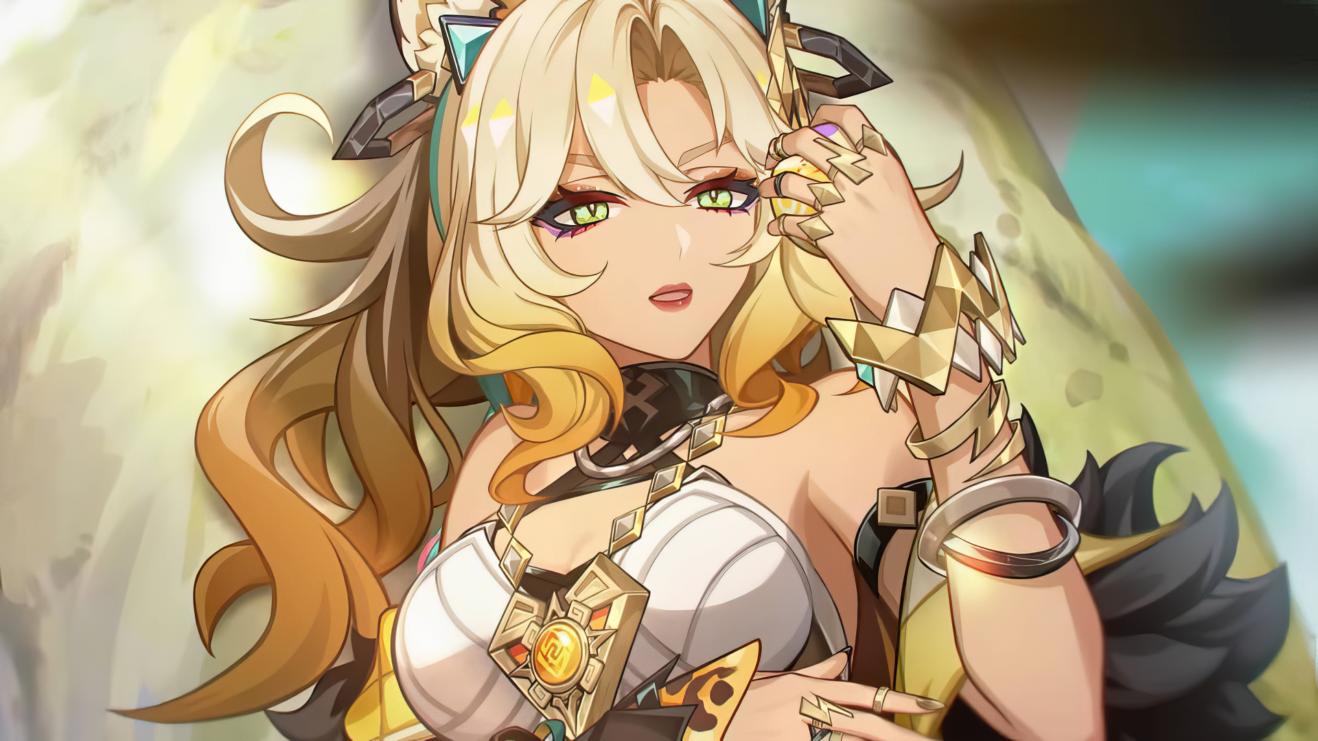 Xilonen from Genshin Impact is depicted in this HD PC desktop wallpaper, showcasing her striking features and detailed attire in a captivating gaming environment.