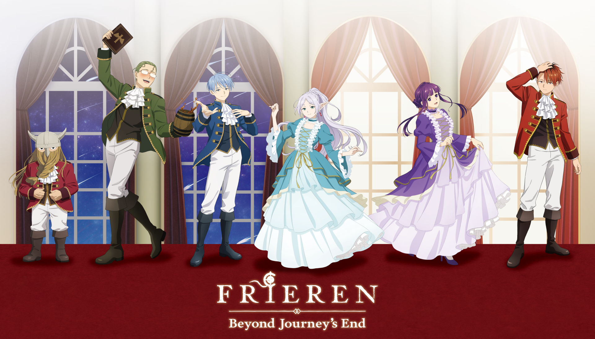 4K Ultra HD PC wallpaper featuring Frieren, Fern, and Himmel from Frieren: Beyond Journey's End in elegant attire, standing in a grand room with arched windows.