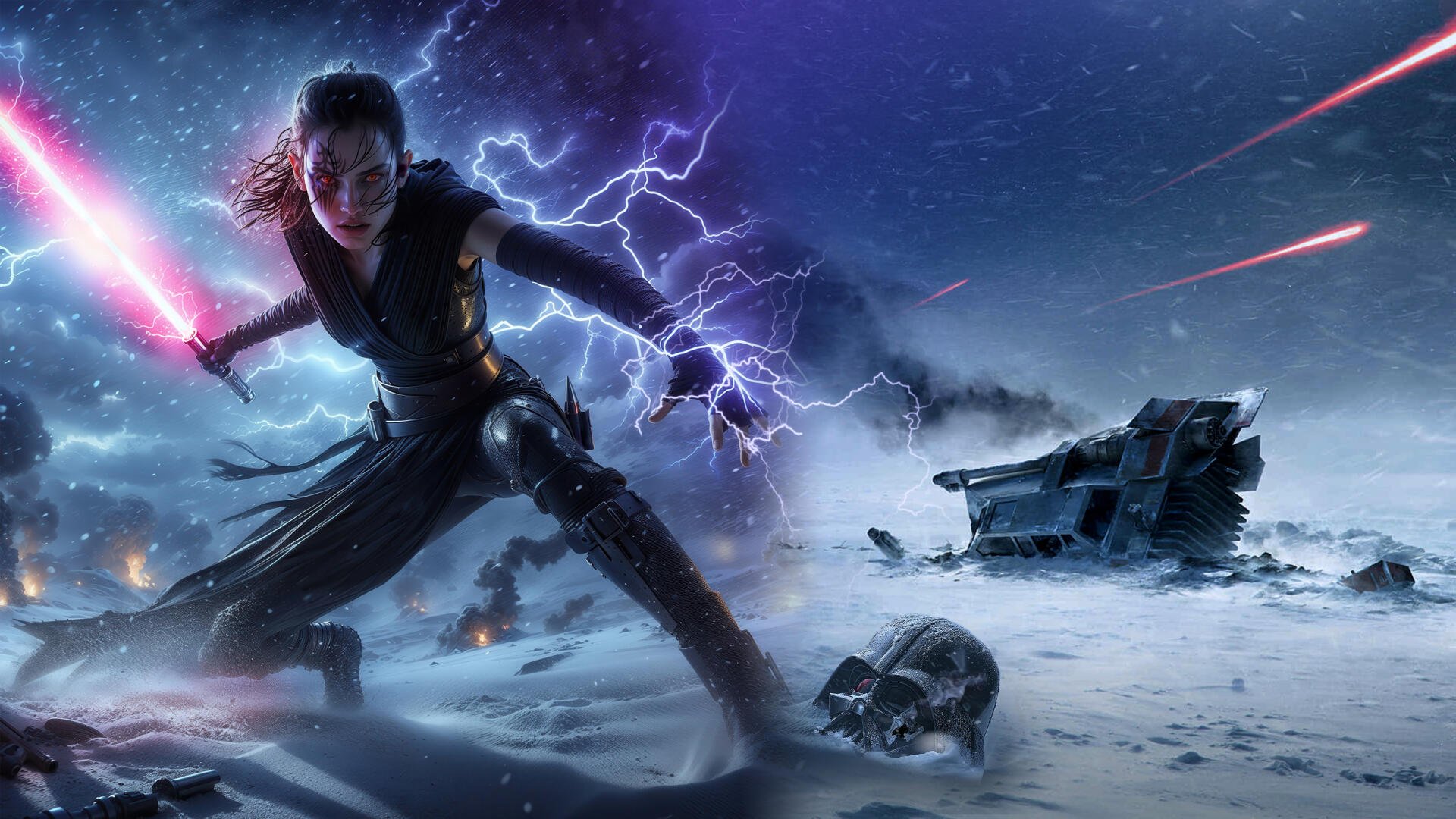 HD PC desktop wallpaper depicting a Sith from Star Wars unleashing Force lightning on the icy battlefield of Hoth, with snow, wreckage, and laser fire in the background.