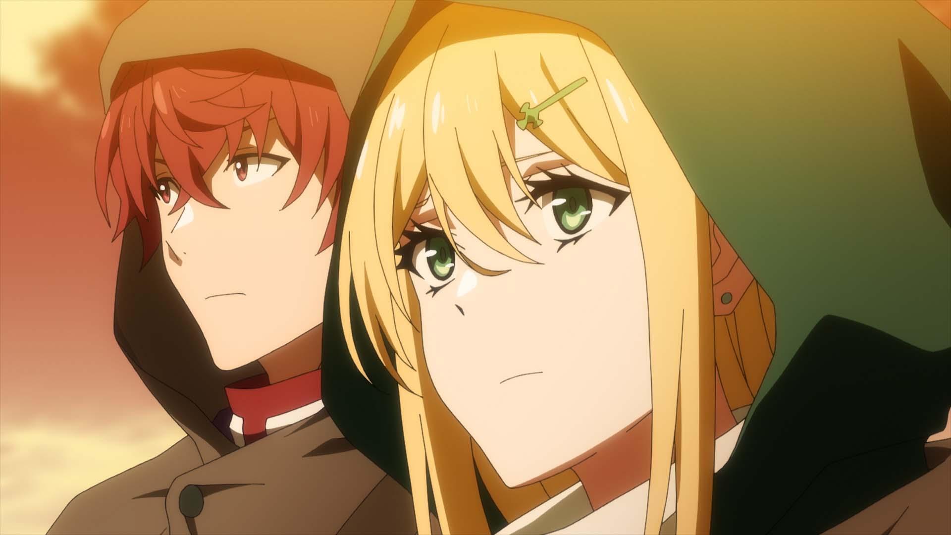 Anime scene from The Most Notorious Talker Runs the World's Greatest Clan, featuring two characters in hoods gazing into the distance against a vibrant sunset background.