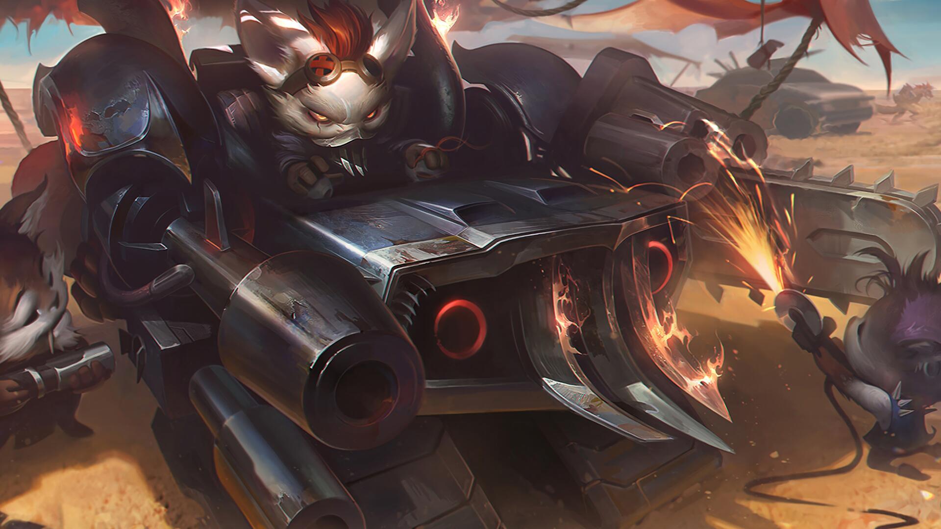 8K Ultra HD wallpaper featuring Rumble from League of Legends, piloting his mechanized suit in a dynamic, action-packed setting.