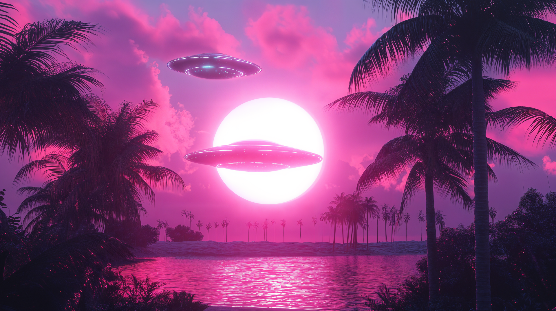 A vibrant 4K Ultra HD sci-fi desktop wallpaper depicting UFOs invading a tropical landscape at sunset with pink and purple skies and silhouetted palm trees.