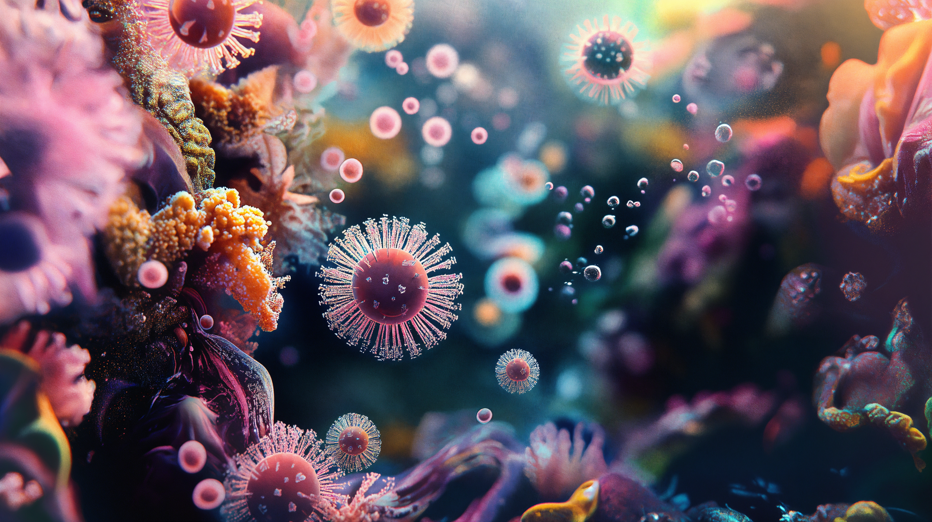 A vibrant 4K Ultra HD underwater scene featuring colorful coral and diverse microbial microorganisms floating in a glowing aquatic environment.