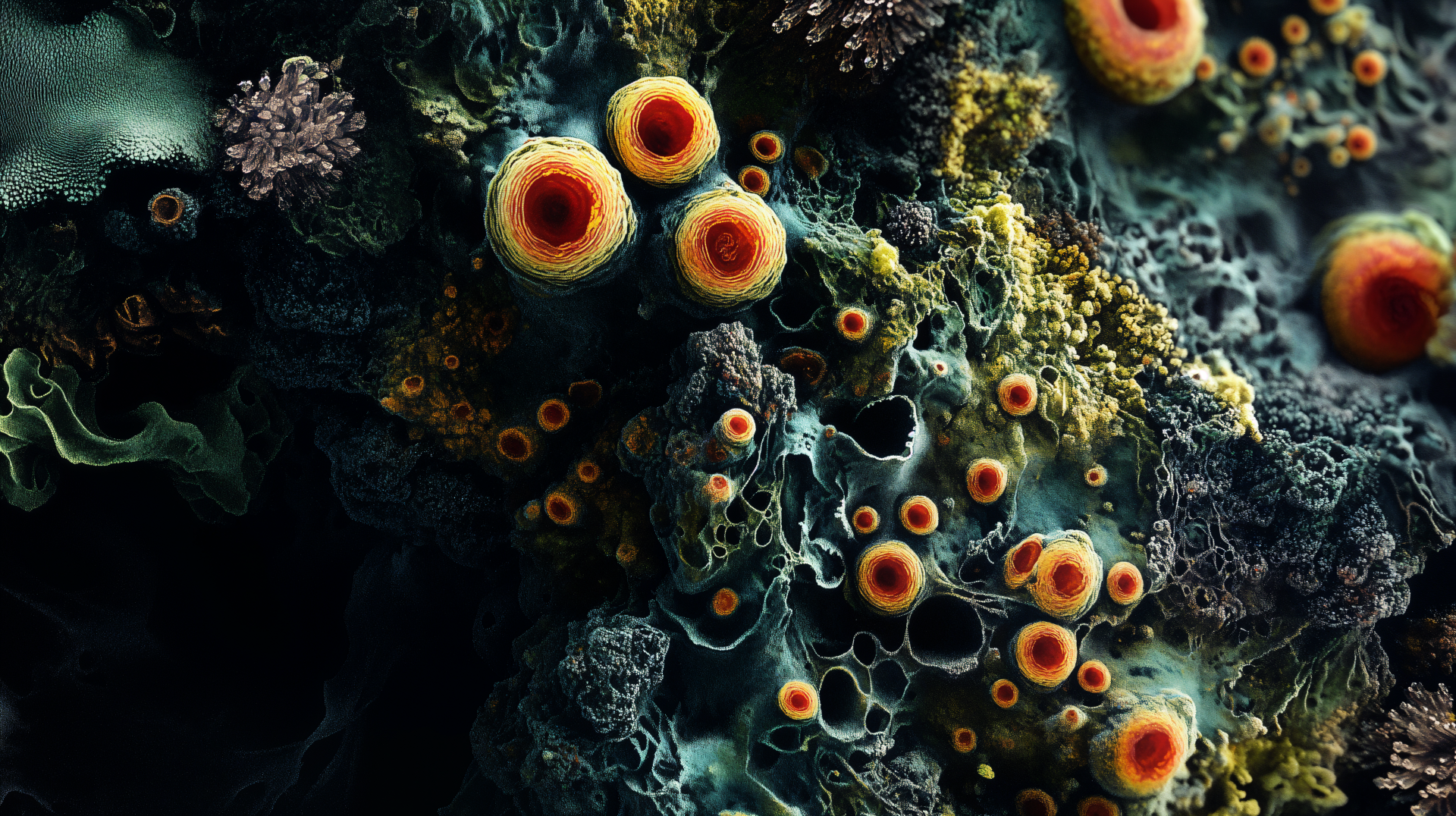 A vibrant, intricate depiction of microbial life, featuring detailed patterns and colorful structures, presented as a stunning 4K Ultra HD desktop wallpaper.