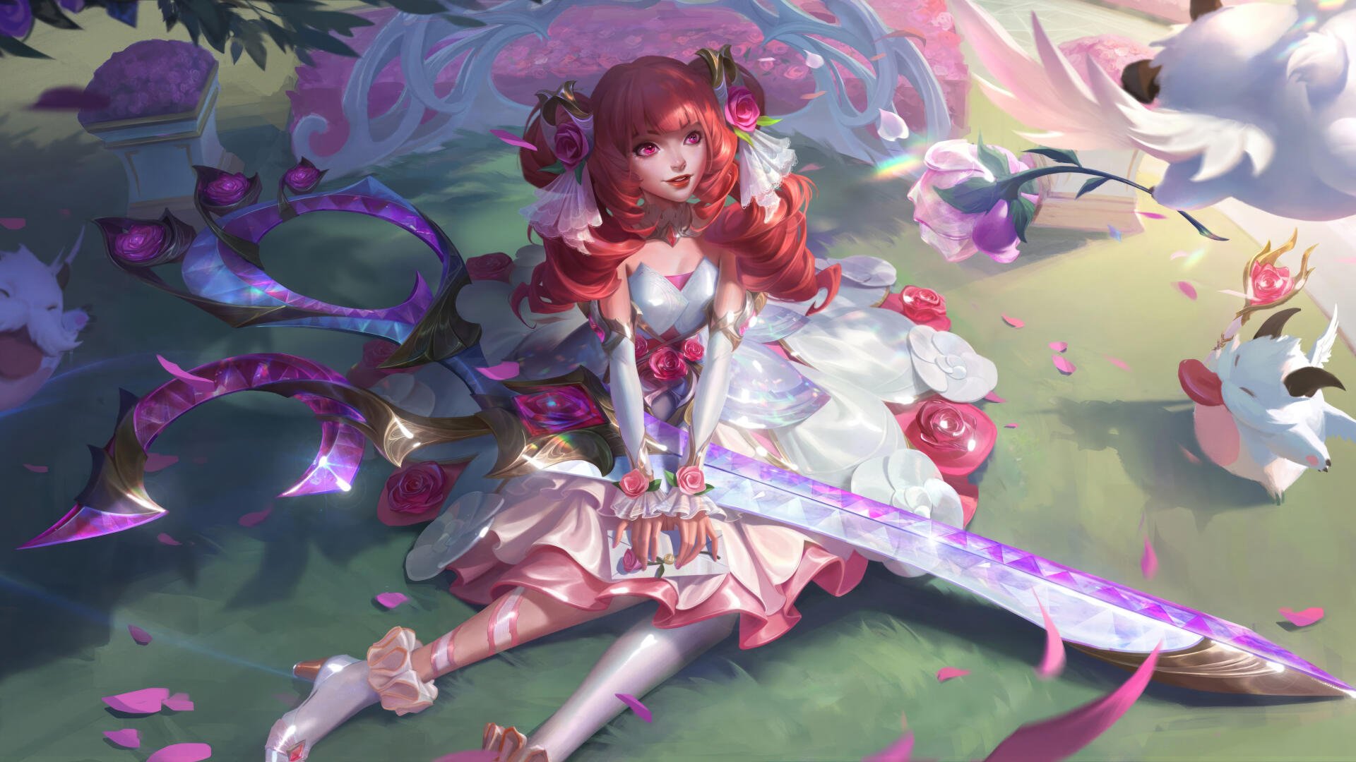 Gwen from League of Legends sits gracefully among flowers, wielding her vibrant sword in a colorful, 8K Ultra HD wallpaper showcasing a whimsical fantasy scene.