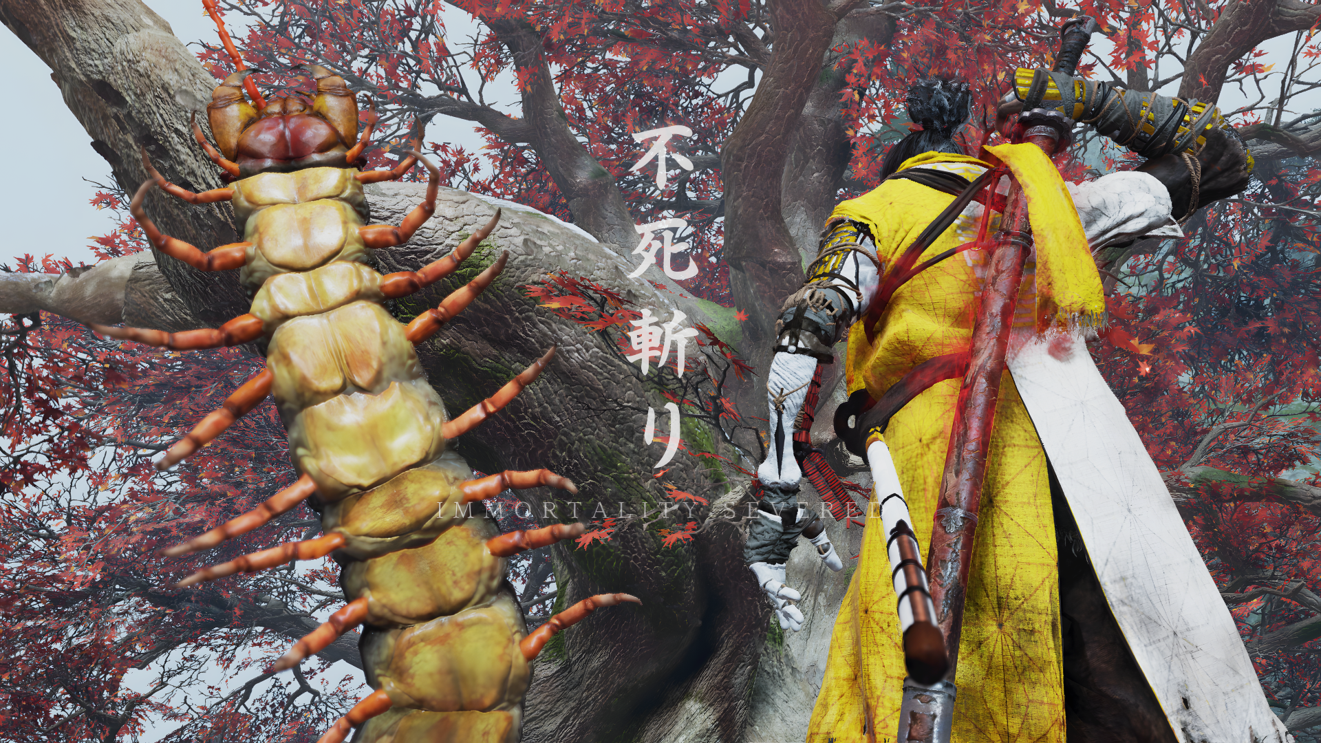 Sekiro: Shadows Die Twice 5K Ultra HD PC desktop wallpaper/background — a shinobi in yellow with a sheathed katana faces a giant centipede beneath crimson maple branches.