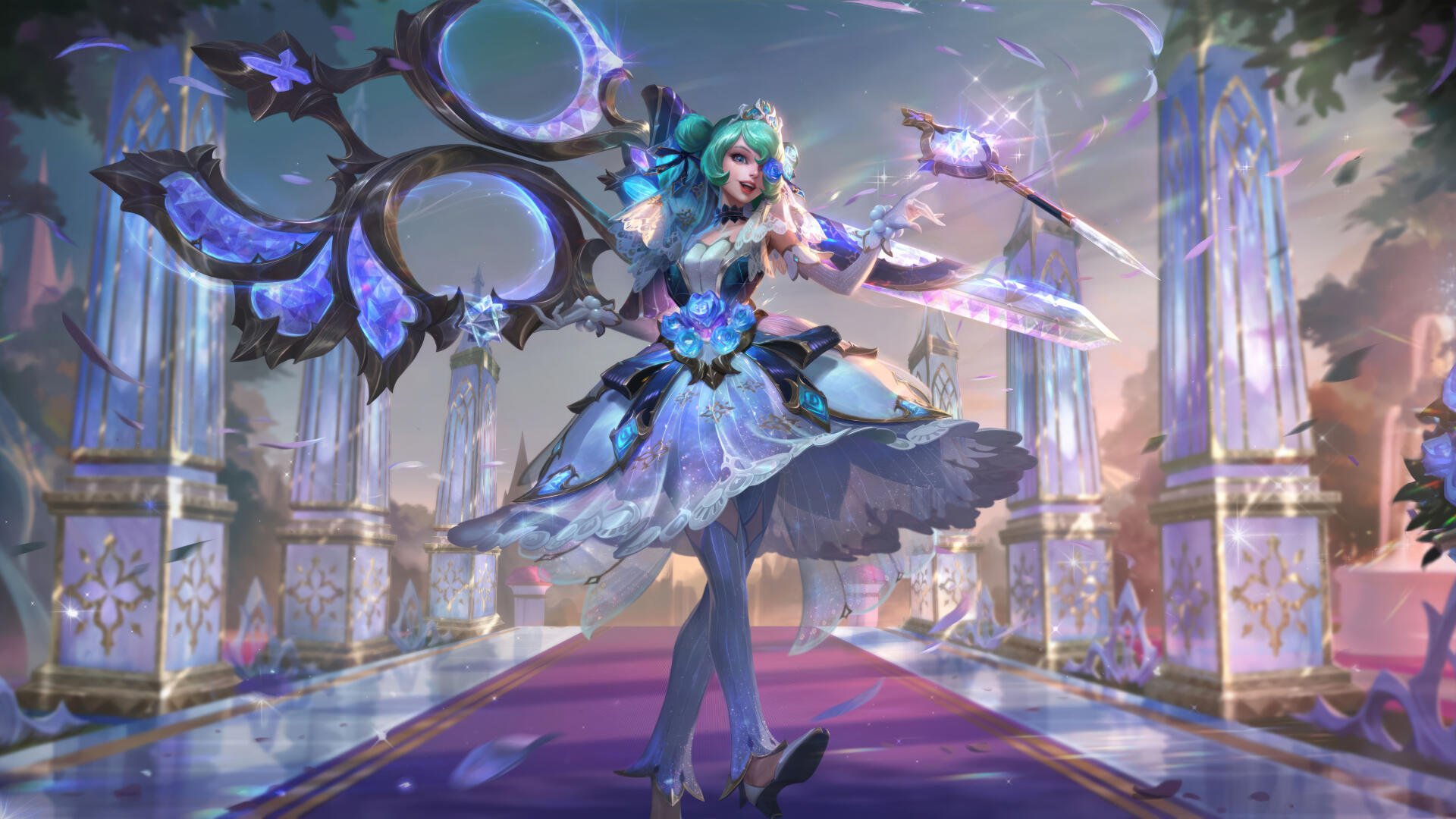 A stunning 8K Ultra HD wallpaper featuring Gwen from League of Legends, showcasing her in an elegant pose with vibrant colors and intricate details in a fantastical setting.