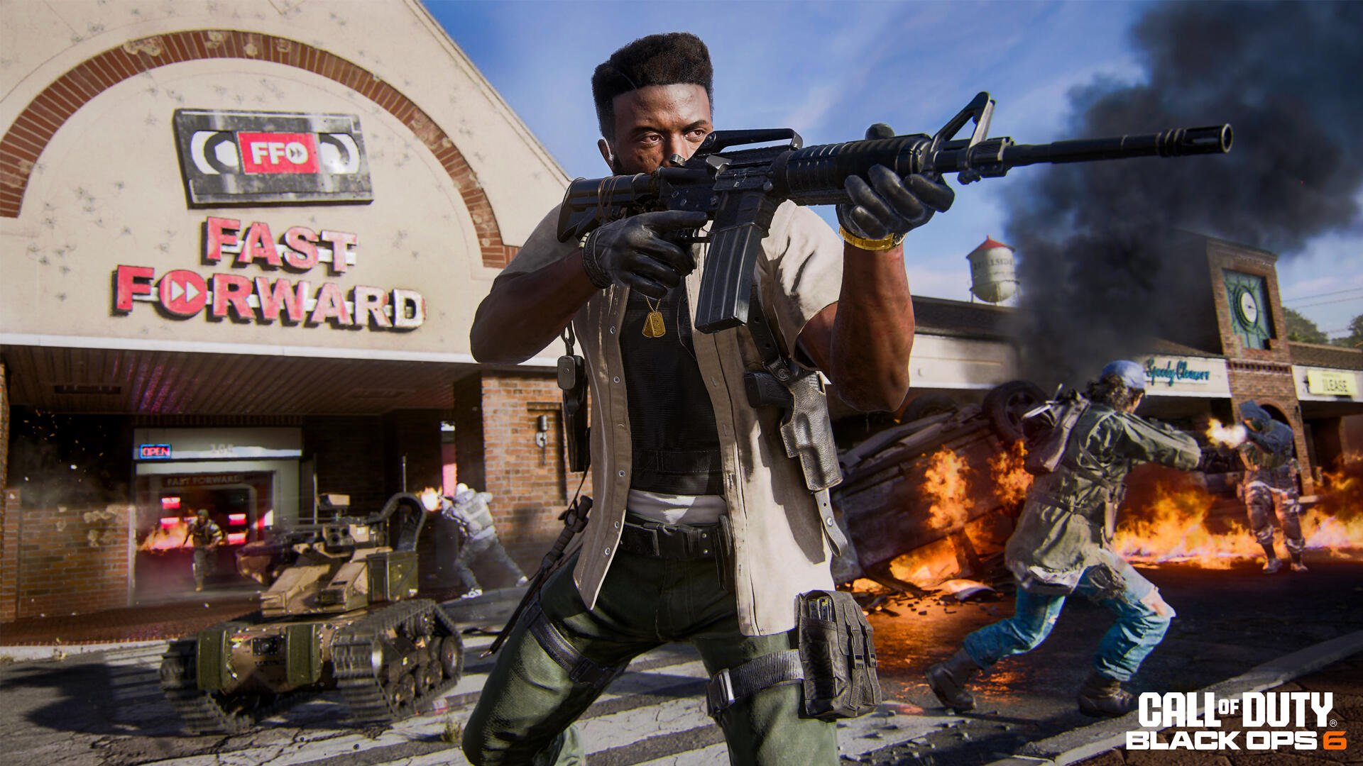 A dramatic scene from Call of Duty: Black Ops 6 featuring a character armed with a rifle amid explosions and chaos outside a retro-themed store. High-definition PC wallpaper.